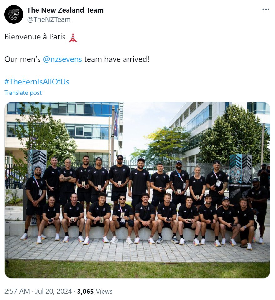 The New Zealand Team's tweet on July 20 about their men's rugby sevens squad's arrival in Paris. /@TheNZTeam