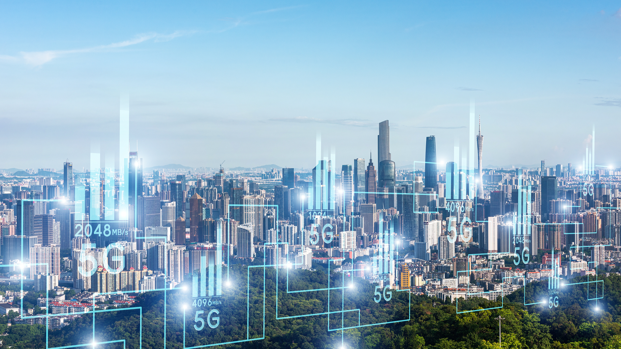 An illustration shows 5G technology concept and Guangzhou city view in Guangdong Province, south China. /CFP 