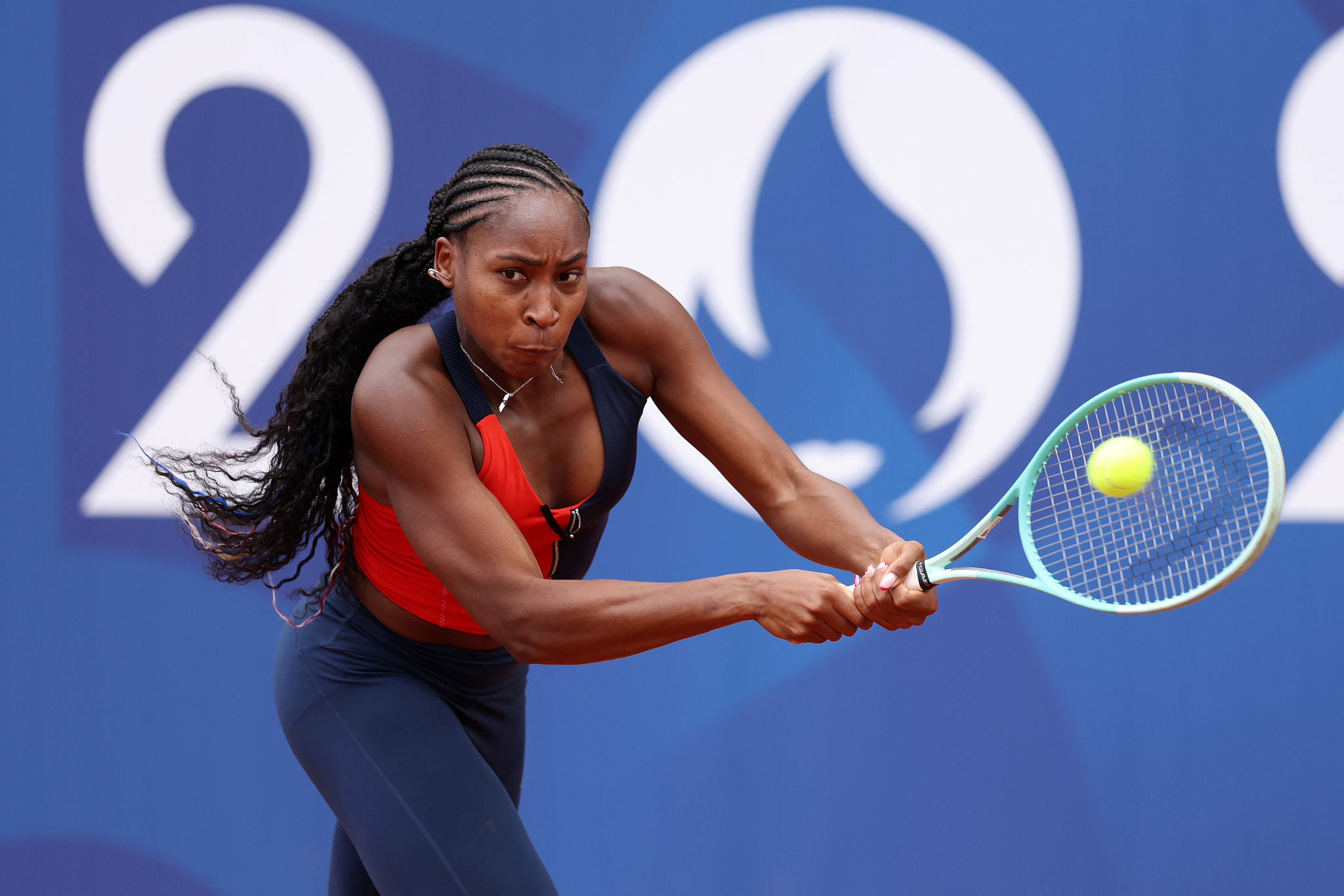 Coco Gauff of the USA hits a shot in practice ahead of the 2024 Summer Olympics in Paris, July 24, 2024. /CFP
