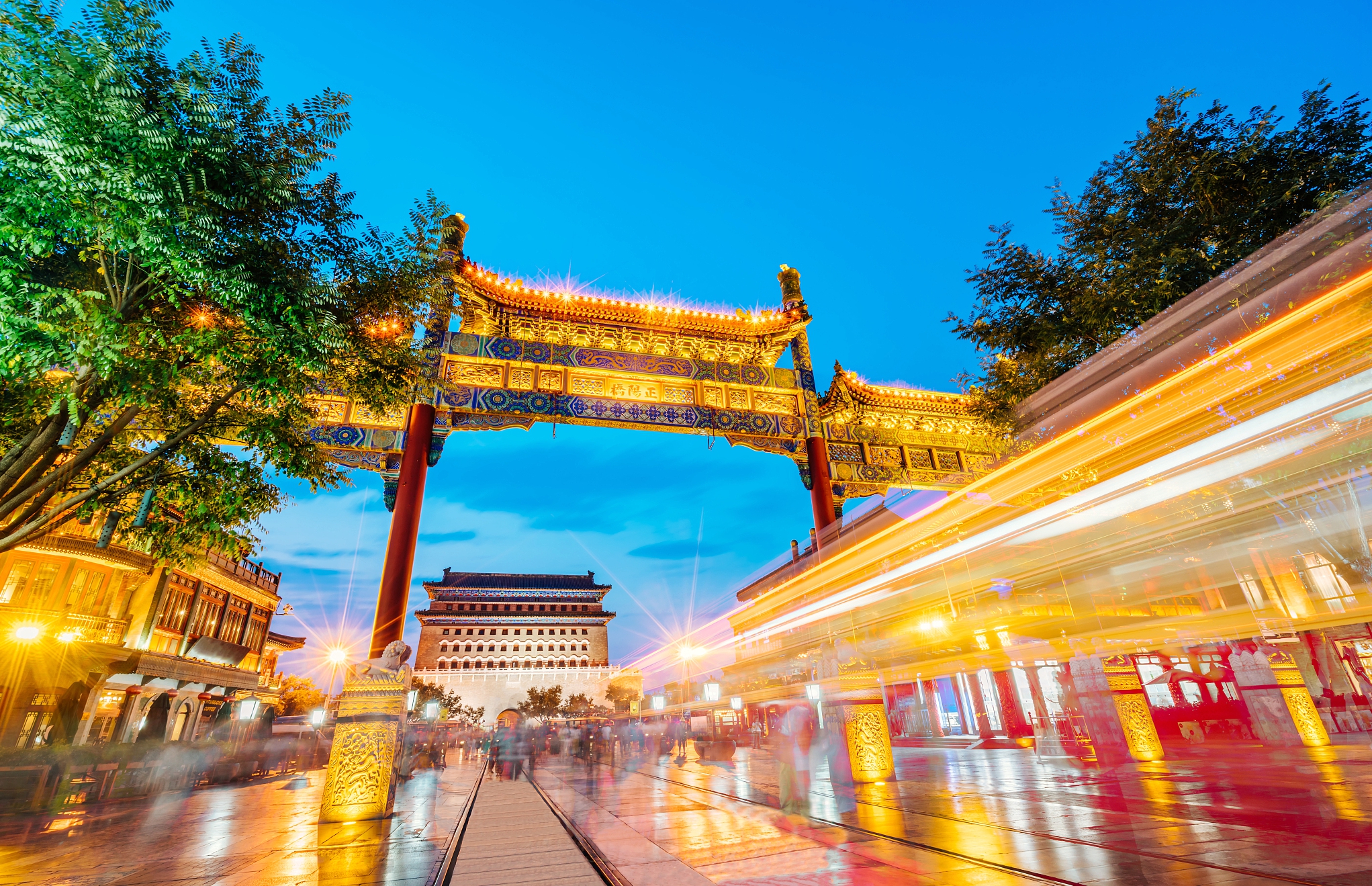 A file photo shows a night view of Zhengyang Gate, also known as Qianmen, along the Beijing Central Axis. /CFP