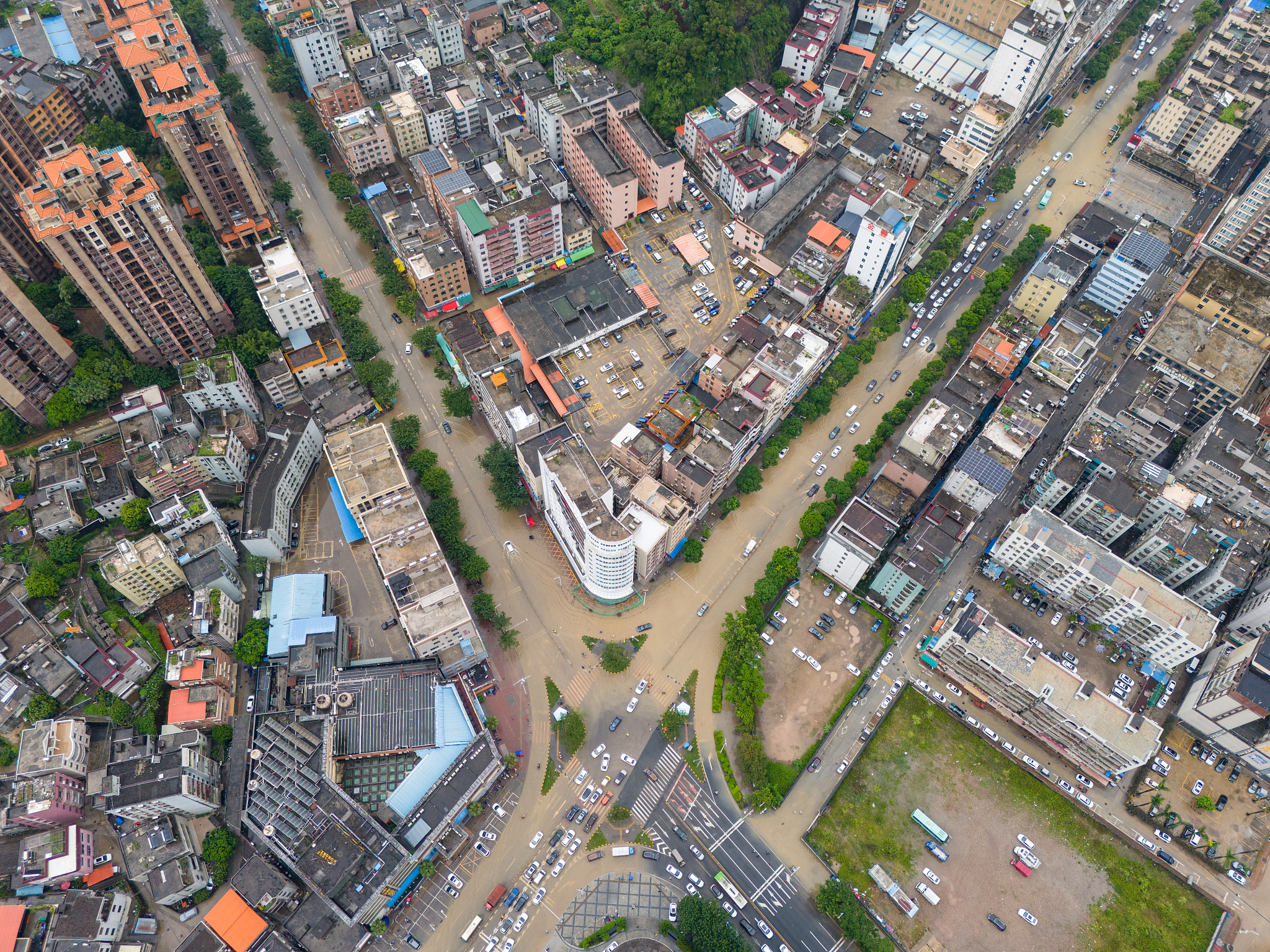An aerial view shows streets are partly flooded after Typhoon Gaemi passed by in Huizhou, Guangdong Province, China, July 26, 2024. /CFP