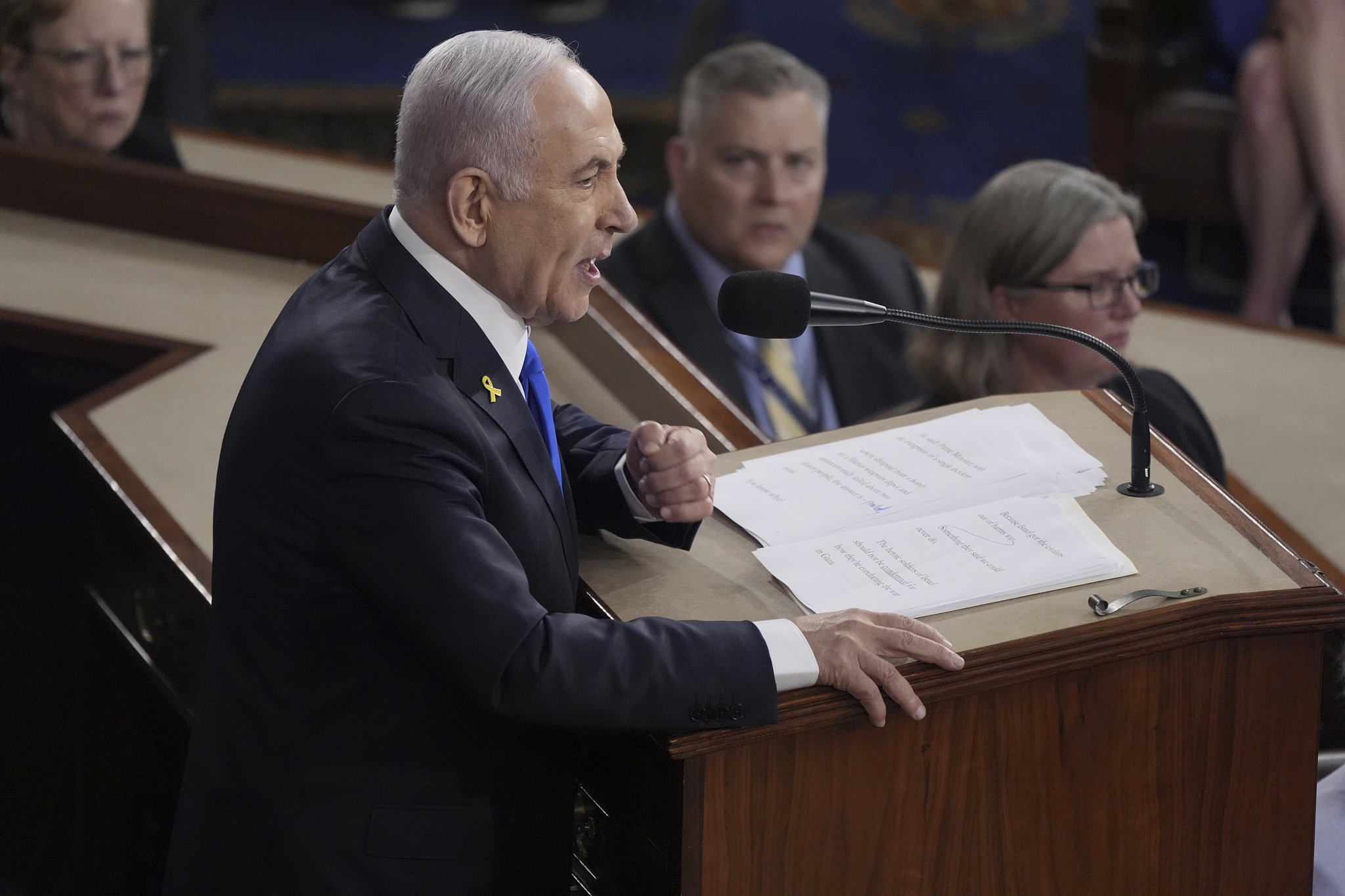 Israeli Prime Minister Benjamin Netanyahu speaks to a joint meeting of Congress at the Capitol in Washington D.C., pledging to achieve 