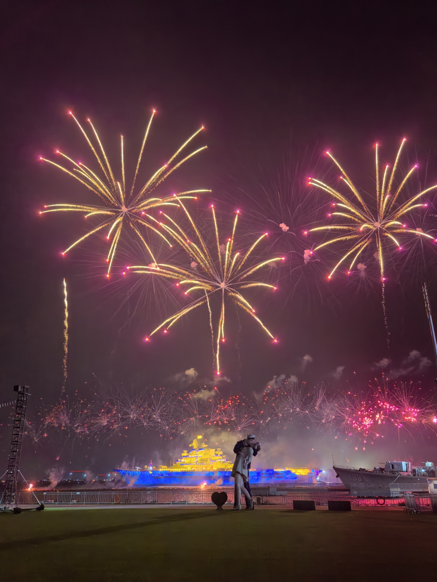 A firework show is staged at an aircraft carrier theme park in Tianjin on July 21, 2024. /CGTN