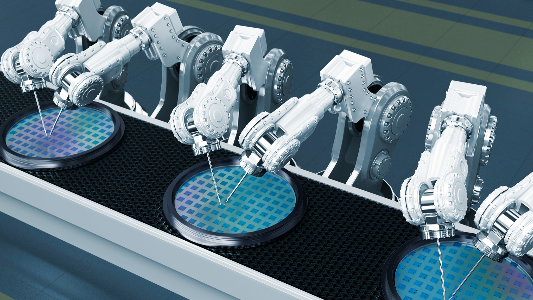 An illustration of robot arms operating a semiconductor production line. /CFP