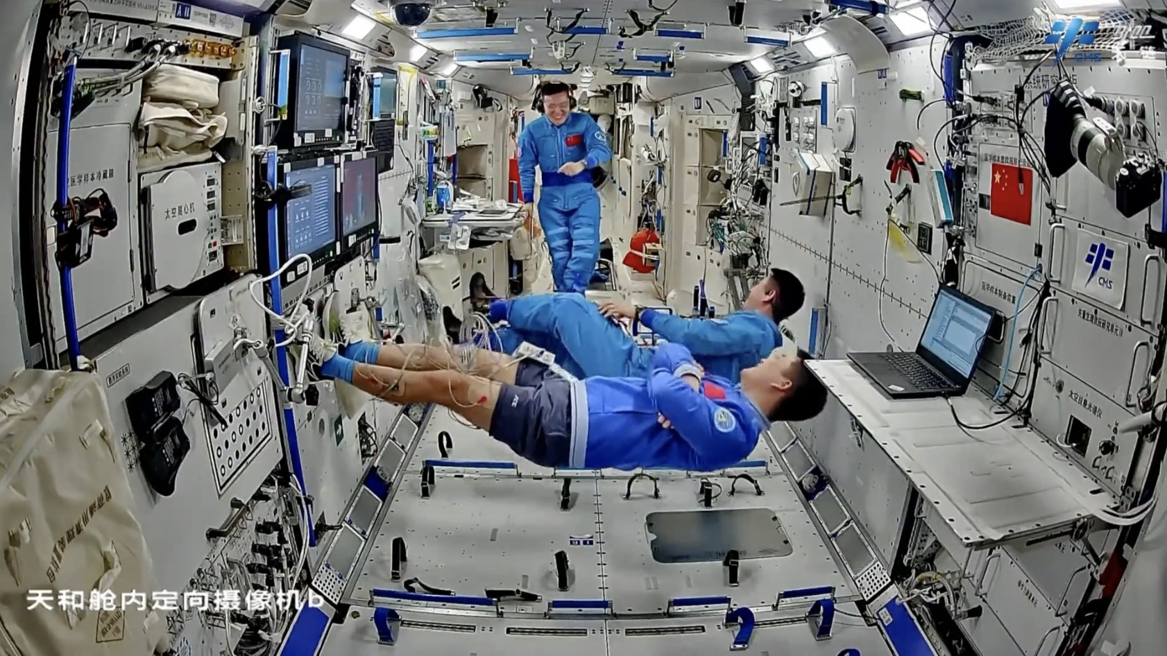 The Shenzhou-18 crew use a nerve-muscle stimulation device for muscle atrophy prevention and muscle relaxation in the China Space Station. /CMG