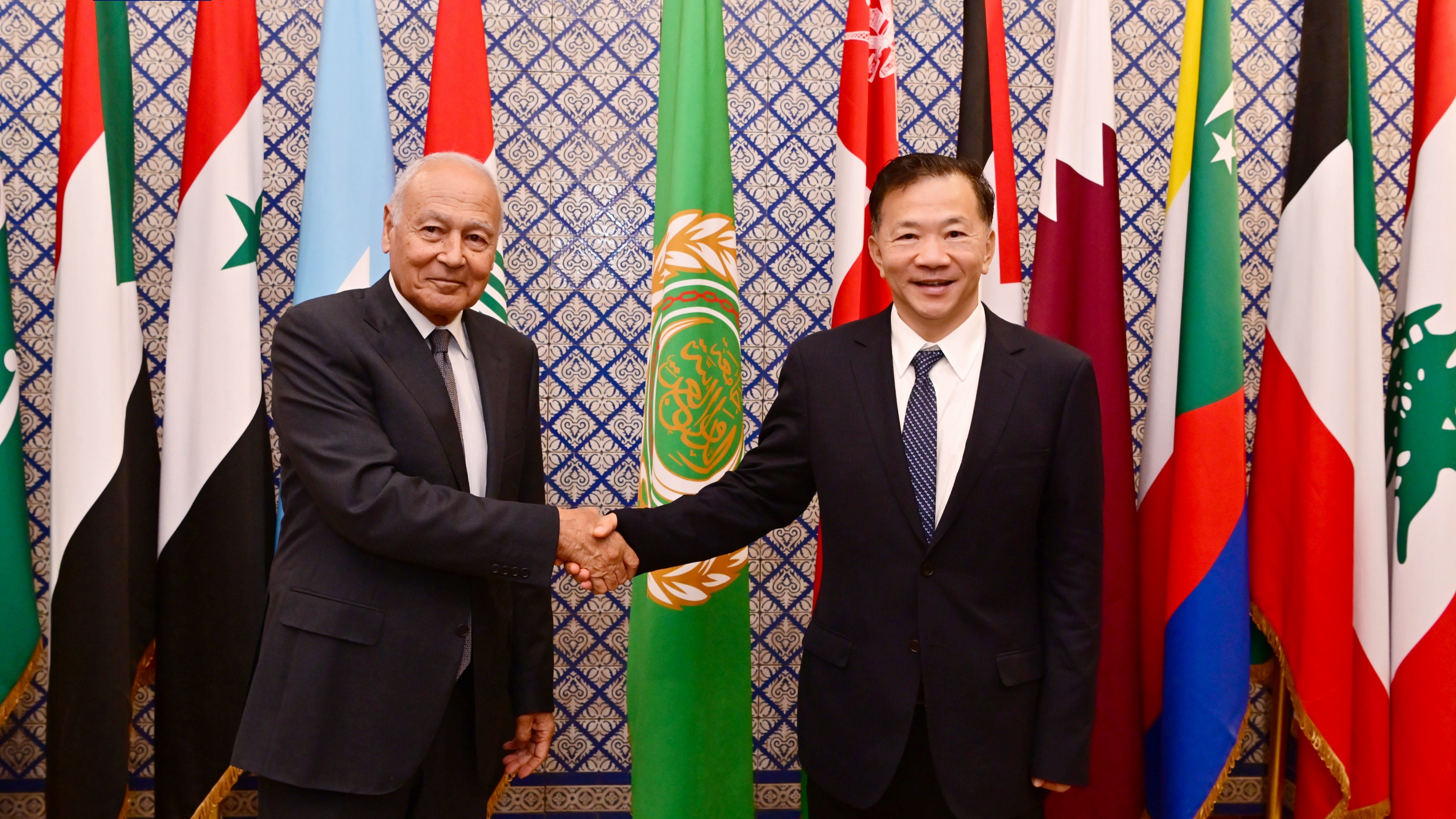 Shen Haixiong (R), deputy head of the Publicity Department of the Communist Party of China Central Committee and president of CMG, shakes hands with Ahmed Aboul Gheit, secretary-general of the Arab League, Cairo, Egypt, July 30, 2024. /CMG