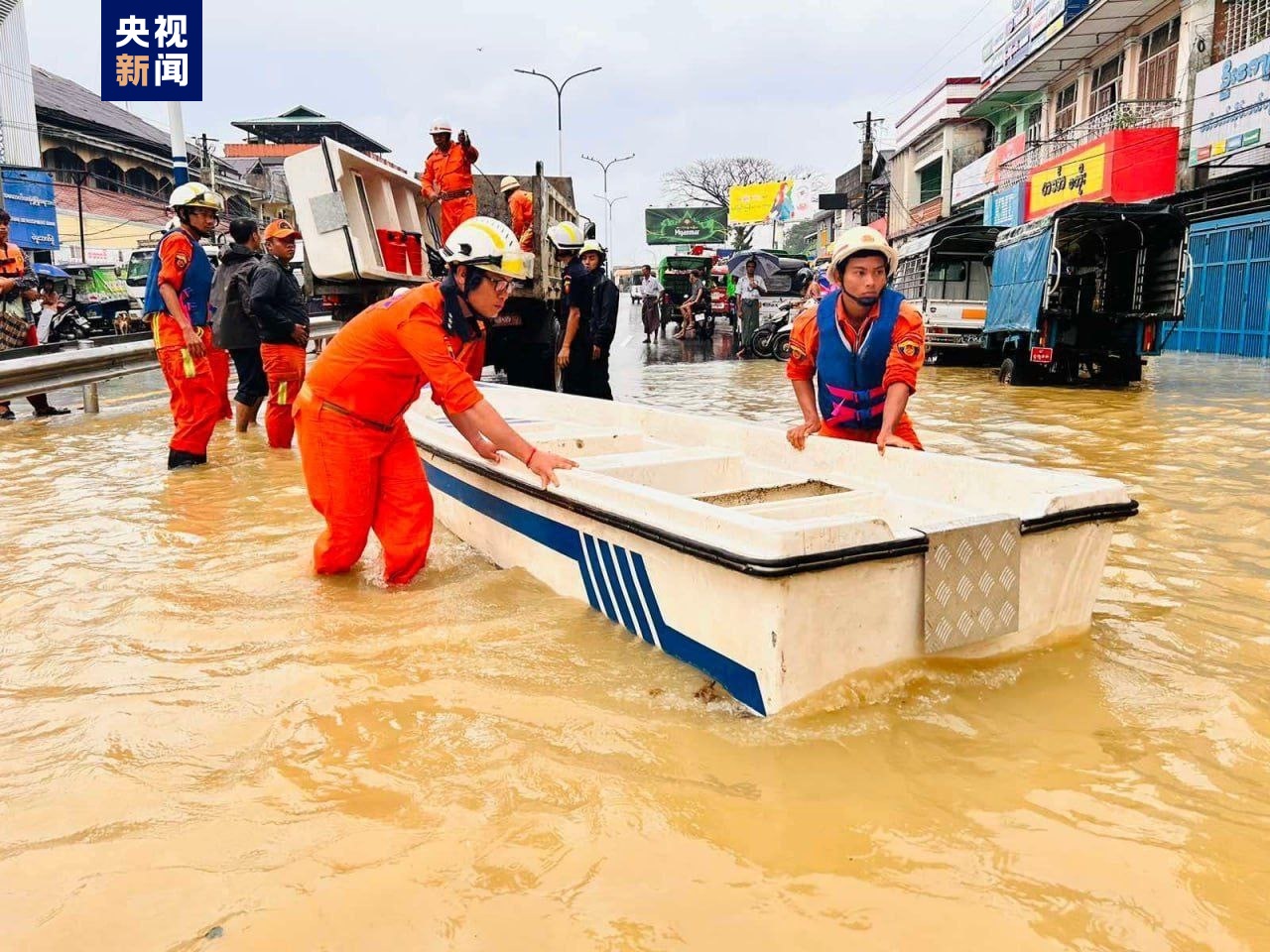 Rescue workers conduct relief operations after widespread flooding in southern Myanmar. /CMG