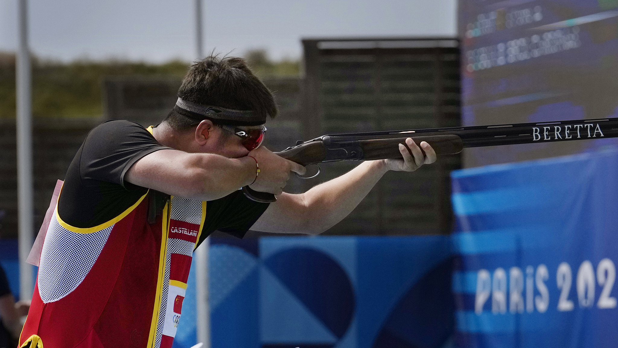 Qi Ying of China competes in the trap men shooting final at the 2024 Summer Olympic Games in Paris, France, July 30, 2024. /CFP