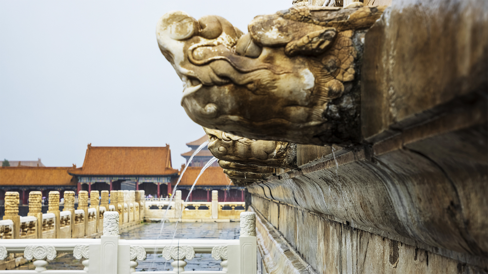 Rainwater spouts from the mouths of stone dragon heads at the Palace Museum in Beijing during a heavy rain on July 30, 2024. /CFP