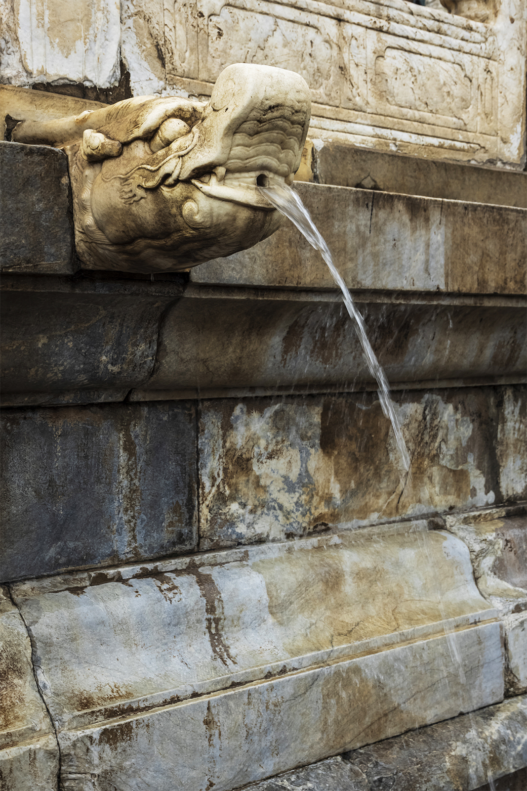 Rainwater spouts from the mouth of a stone dragon head at the Palace Museum in Beijing during a heavy rain on July 30, 2024. /CFP