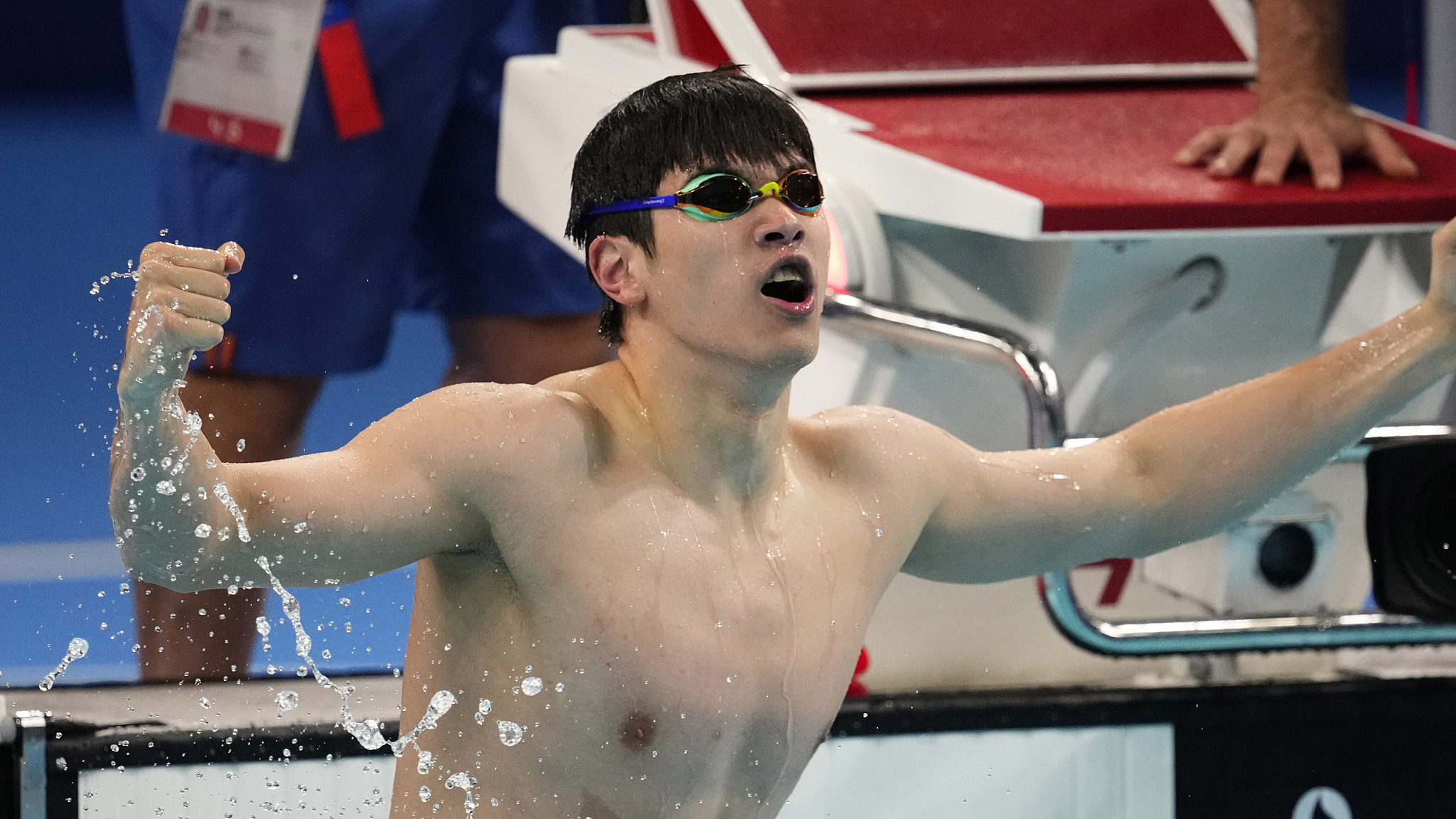 Pan Zhanle of China celebrates after winning the men's 100-meter freestyle swimming final at the 2024 Summer Olympics in Paris, France, July 31, 2024. /CFP