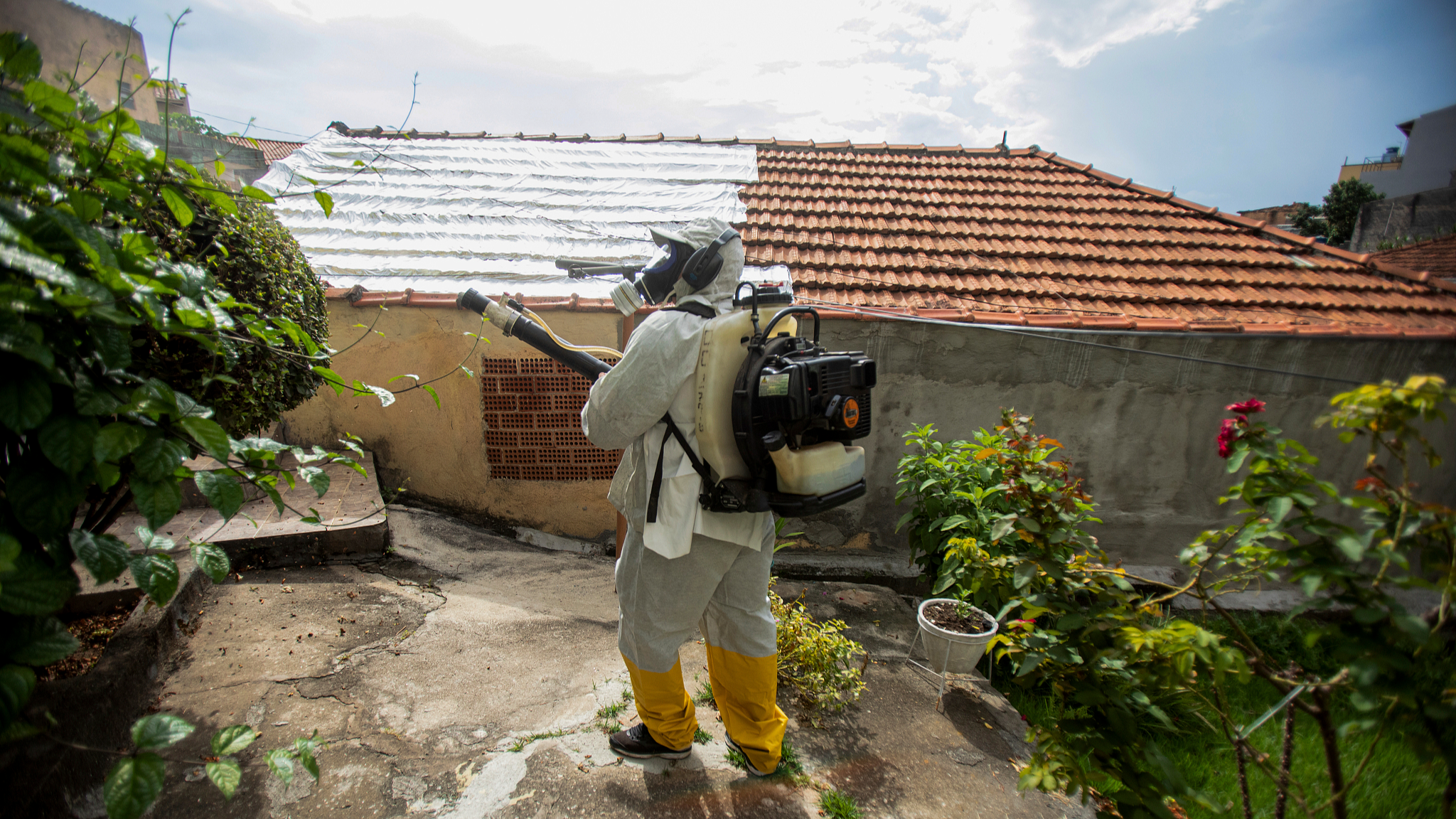 A worker fumigates a neighborhood to combat yellow fever mosquitoes, which spread the dengue virus, in Sao Paulo, Brazil, March 19, 2024. /CFP