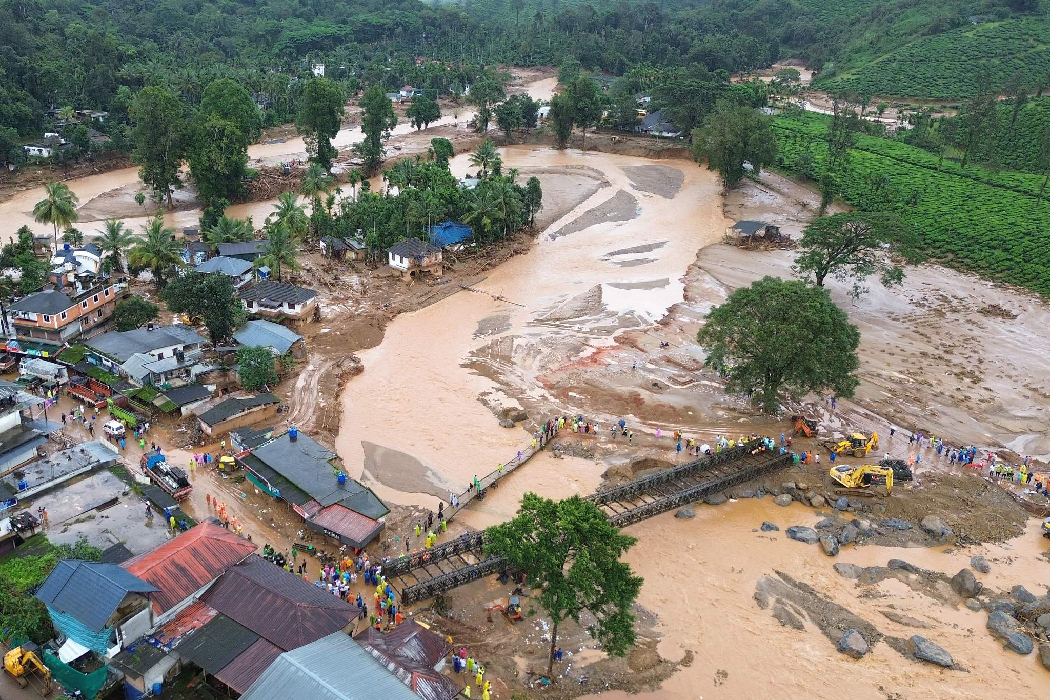 An aerial view of tea plantations after landslides in Wayanad district, Kerala, India, August 1, 2024. /AFP PHOTO/Indian Army