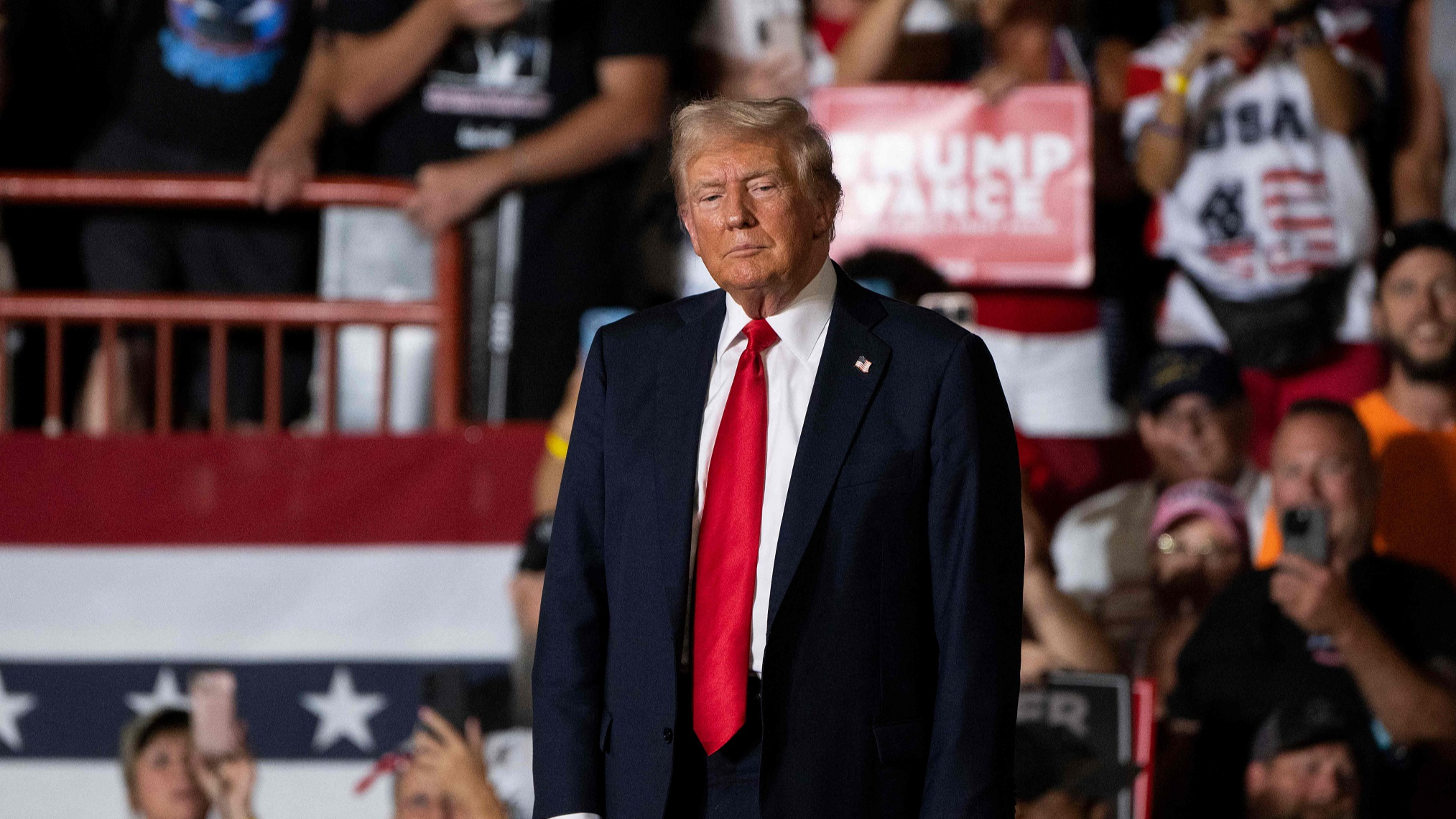 Former U.S. President Donald Trump, the 2024 Republican presidential candidate, arrives to speak at a campaign rally at the New Holland Arena in Harrisburg, Pennsylvania, July 31, 2024. /CFP