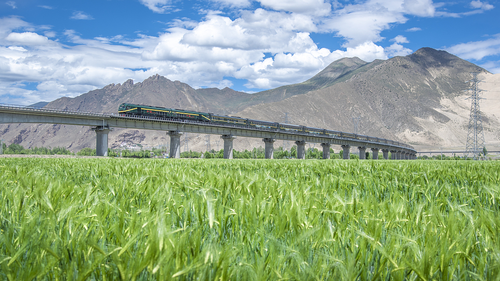 An undated photo shows a passenger train traveling on the Qinghai-Xizang Railway. /CFP