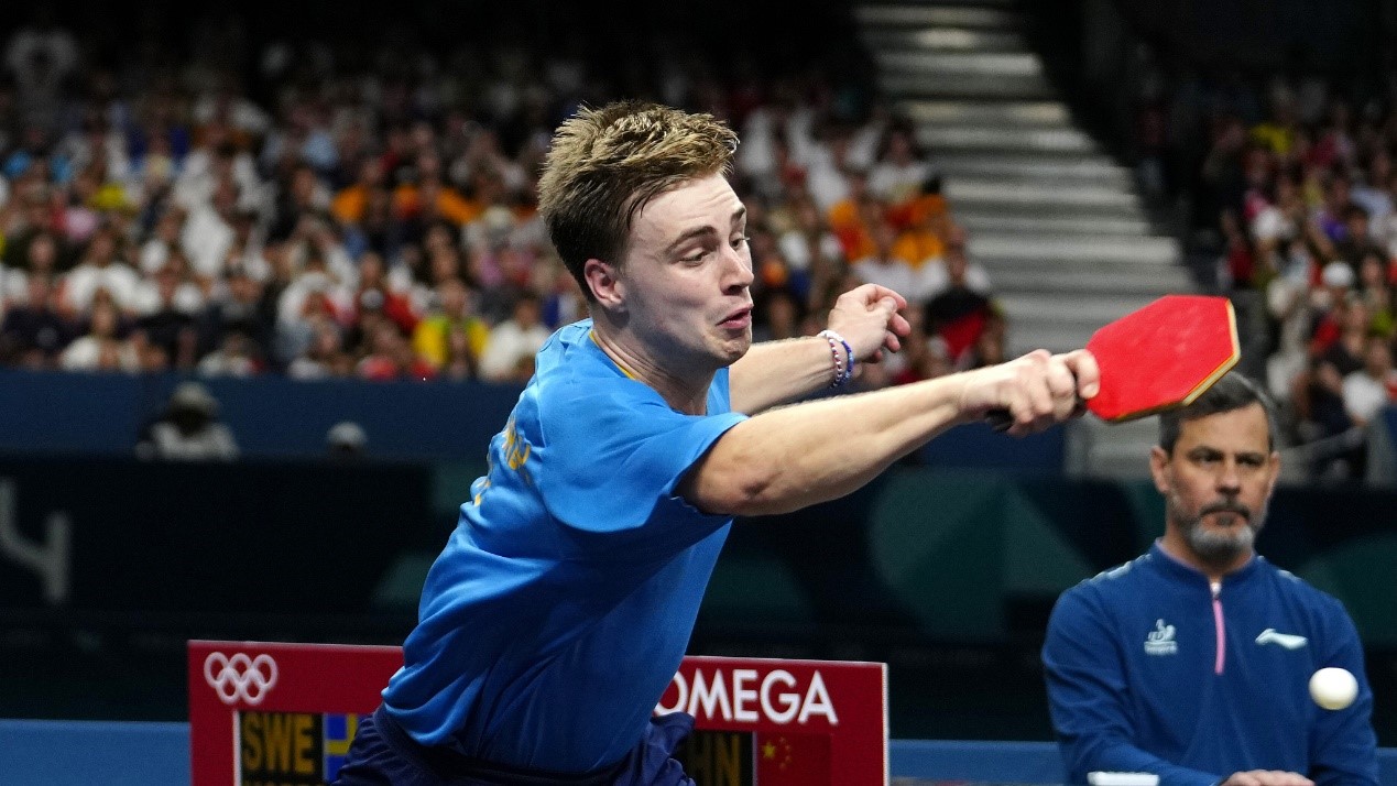 Sweden's Truls Moregard hits a shot in the men's singles table tennis final at the 2024 Summer Olympics at South Paris Arena 4 in Paris, France, August 4, 2024. /CFP