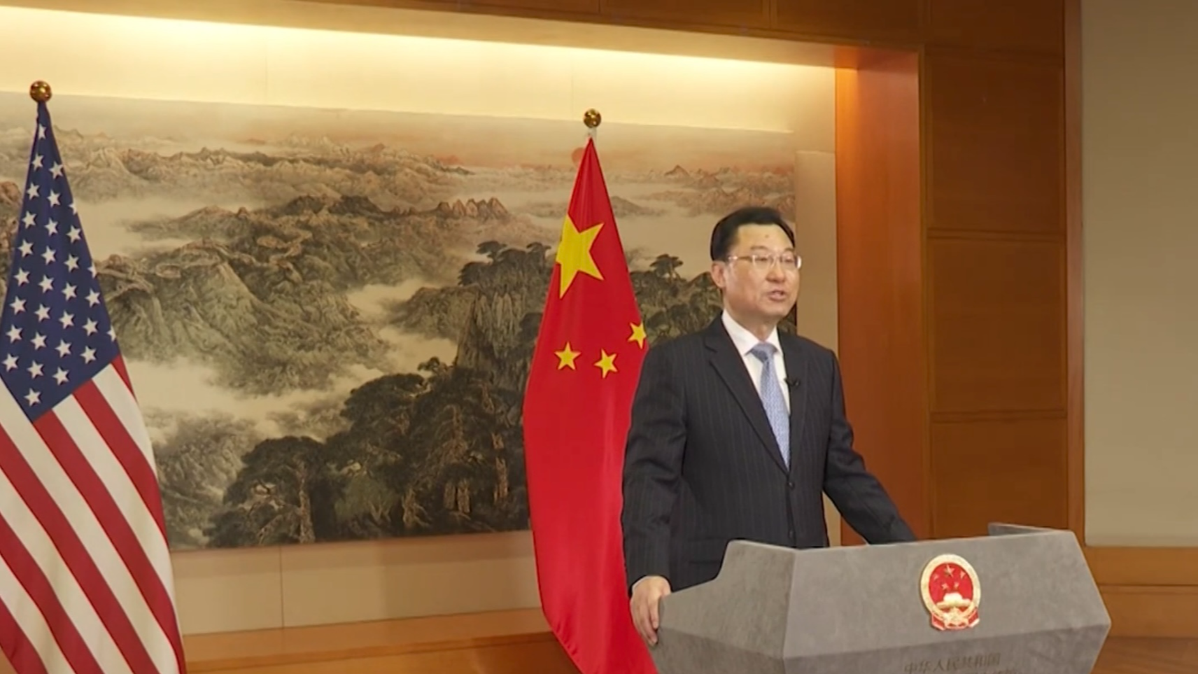 Screenshot of Chinese Ambassador to the United States Xie Feng delivering an address to the launching ceremony of the Collegiate Immersion Bootcamp for U.S.-based Institutions to Jiangsu via video link,  August 3, 2024. /Chinese Embassy in U.S.