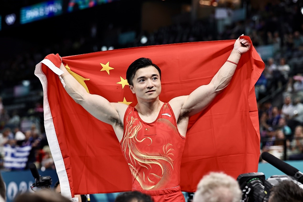 China's Liu Yang celebrates after winning the men's artistic gymnastics individual rings final at the 2024 Summer Olympics at Bercy Arena in Paris, France, August 4, 2024. /CFP