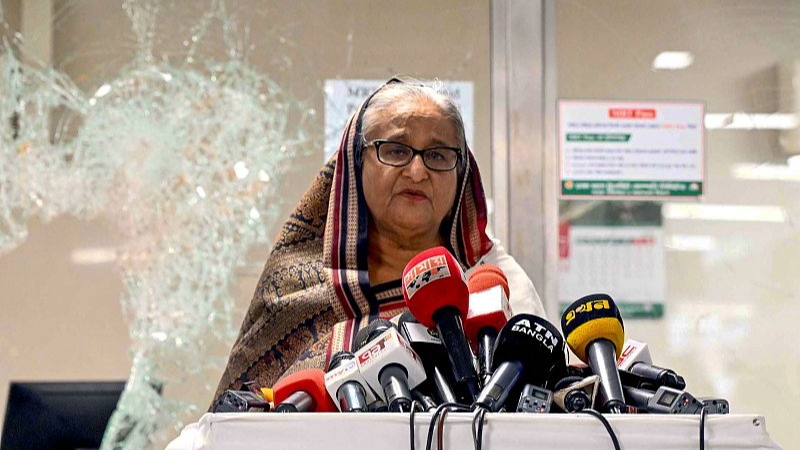 Bangladesh Prime Minister Sheikh Hasina addresses the media at a vandalized metro station in Mirpur, July 25, 2024. /CFP