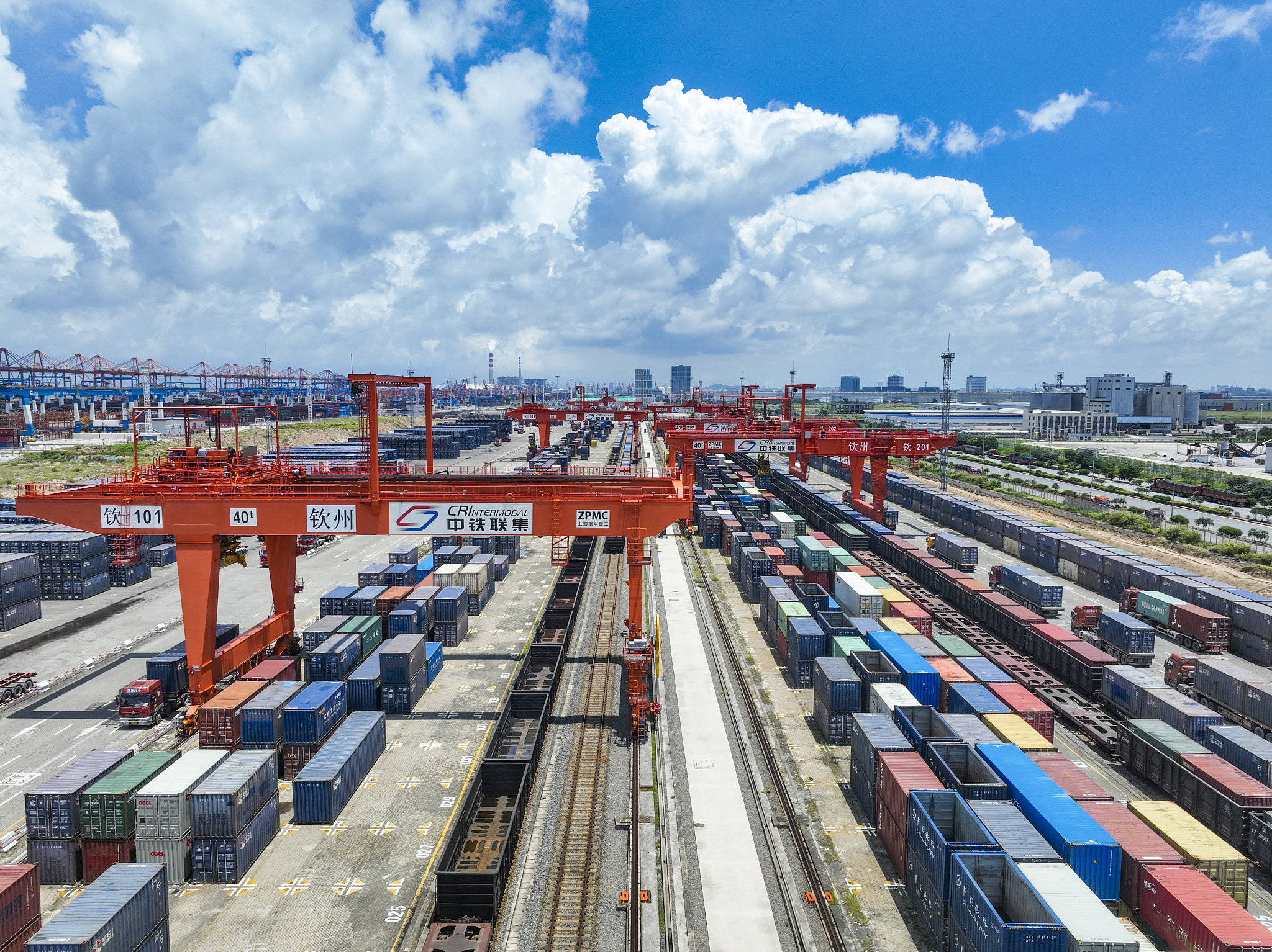 A freight train unloading cargo at Qinzhou Port, Guangxi. /CFP