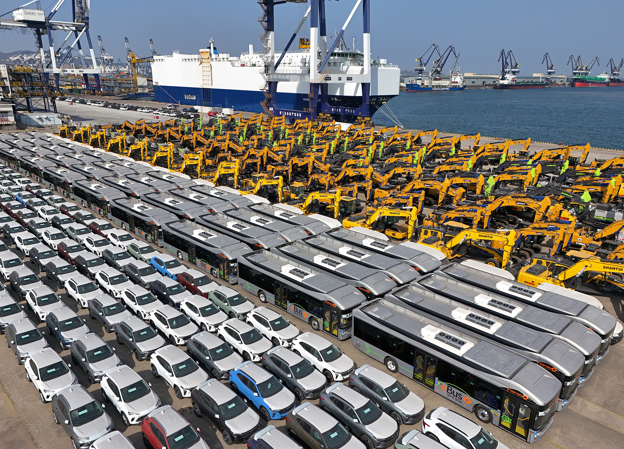 Cars, buses and construction vehicles awaiting export from the port of Yantai, Shandong Province, April 1, 2024. /CFP