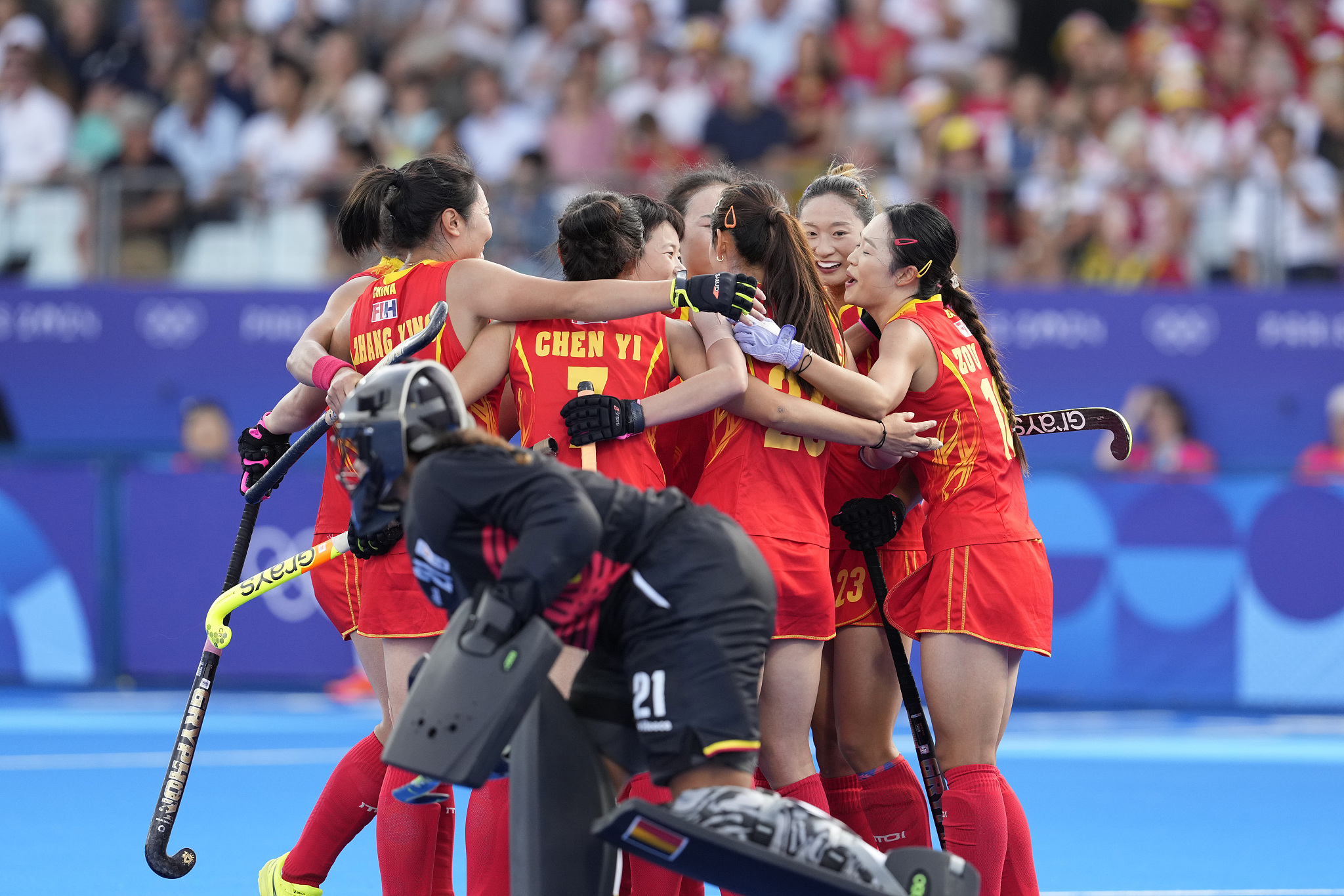 China's players celebrate their 3-2 shootout win over Belgium in the women's field hockey semifinals at the 2024 Summer Olympics in Paris, France, August 7, 2024. /CFP