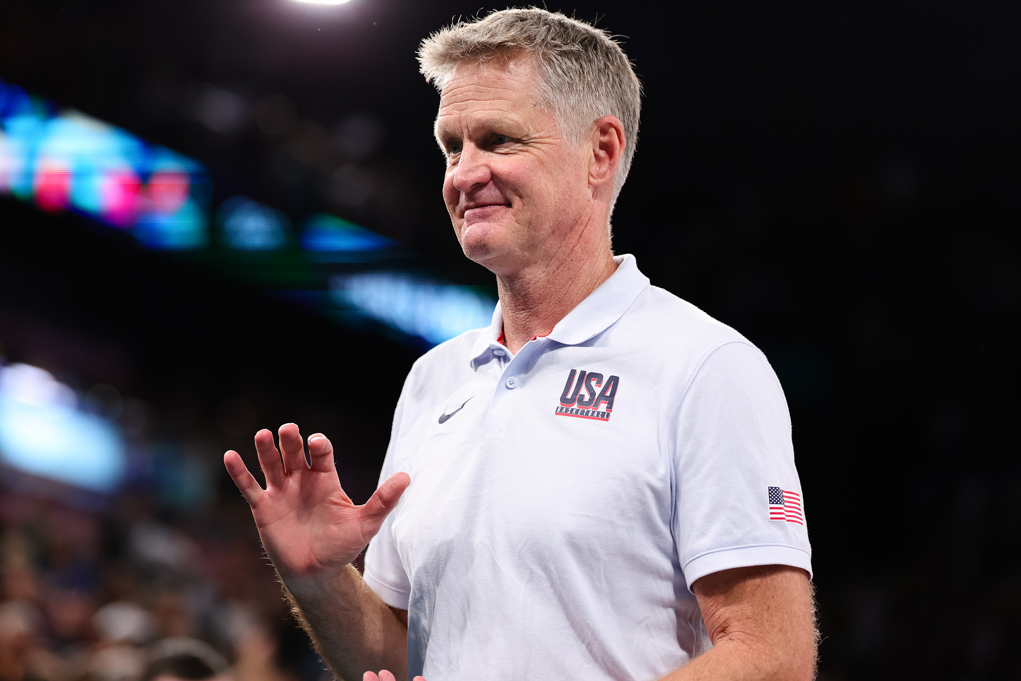 Steve Kerr, head coach of the USA, gestures during his team's men's basketball quarterfinal game against Brazil at the 2024 Summer Olympics in Paris, France, August 6, 2024. /CFP