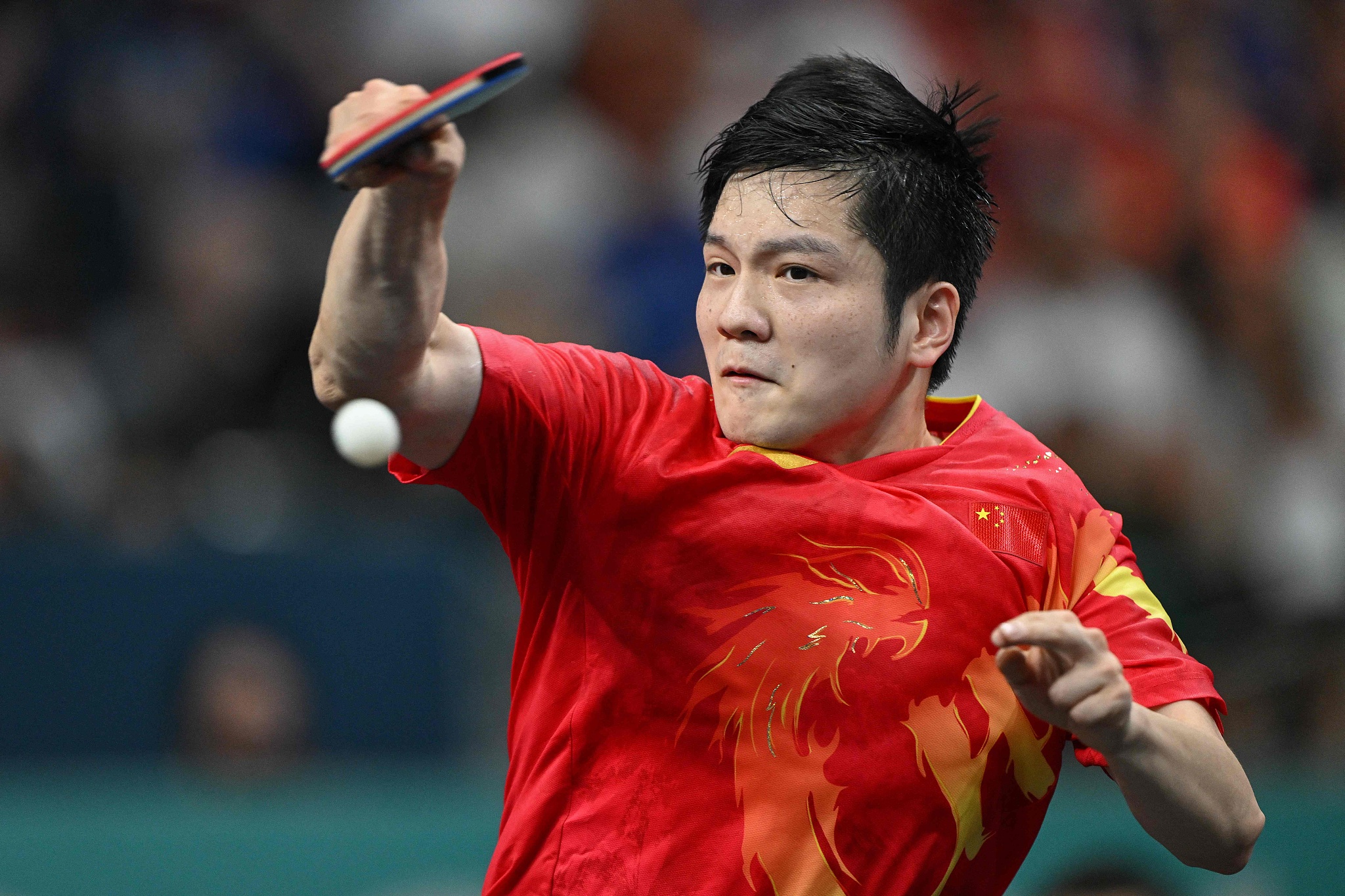 Fan Zhendong of China competes in the men's team table tennis quarterfinals against Lim Jong-hoon of South Korea at the 2024 Summer Olympics in Paris, France, August 7, 2024. /CFP