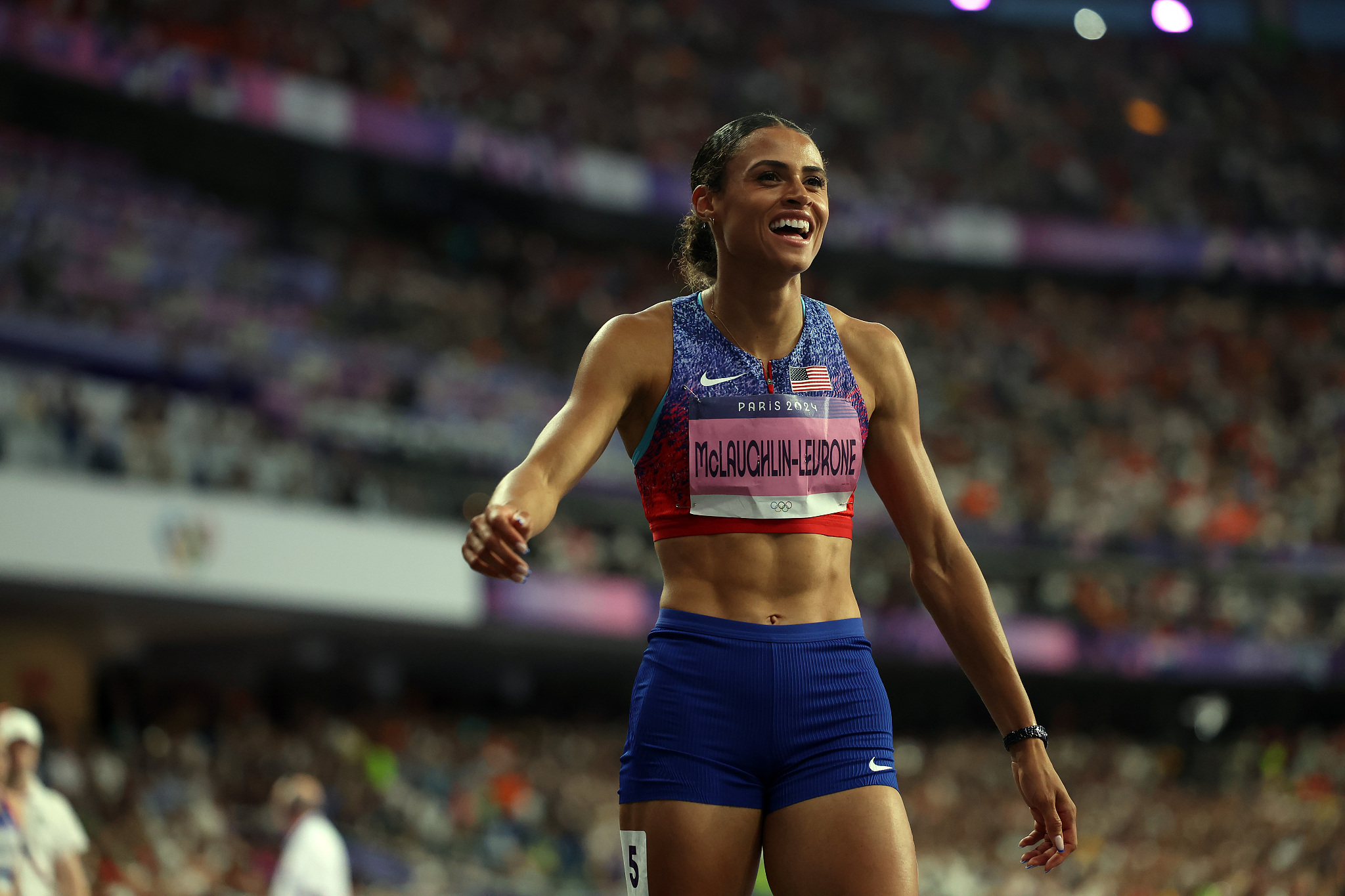 Sydney McLaughlin-Levrone of the USA reacts after winning the women's 400m hurdles at the 2024 Summer Olympics in Paris, France, August 8, 2024. /CFP