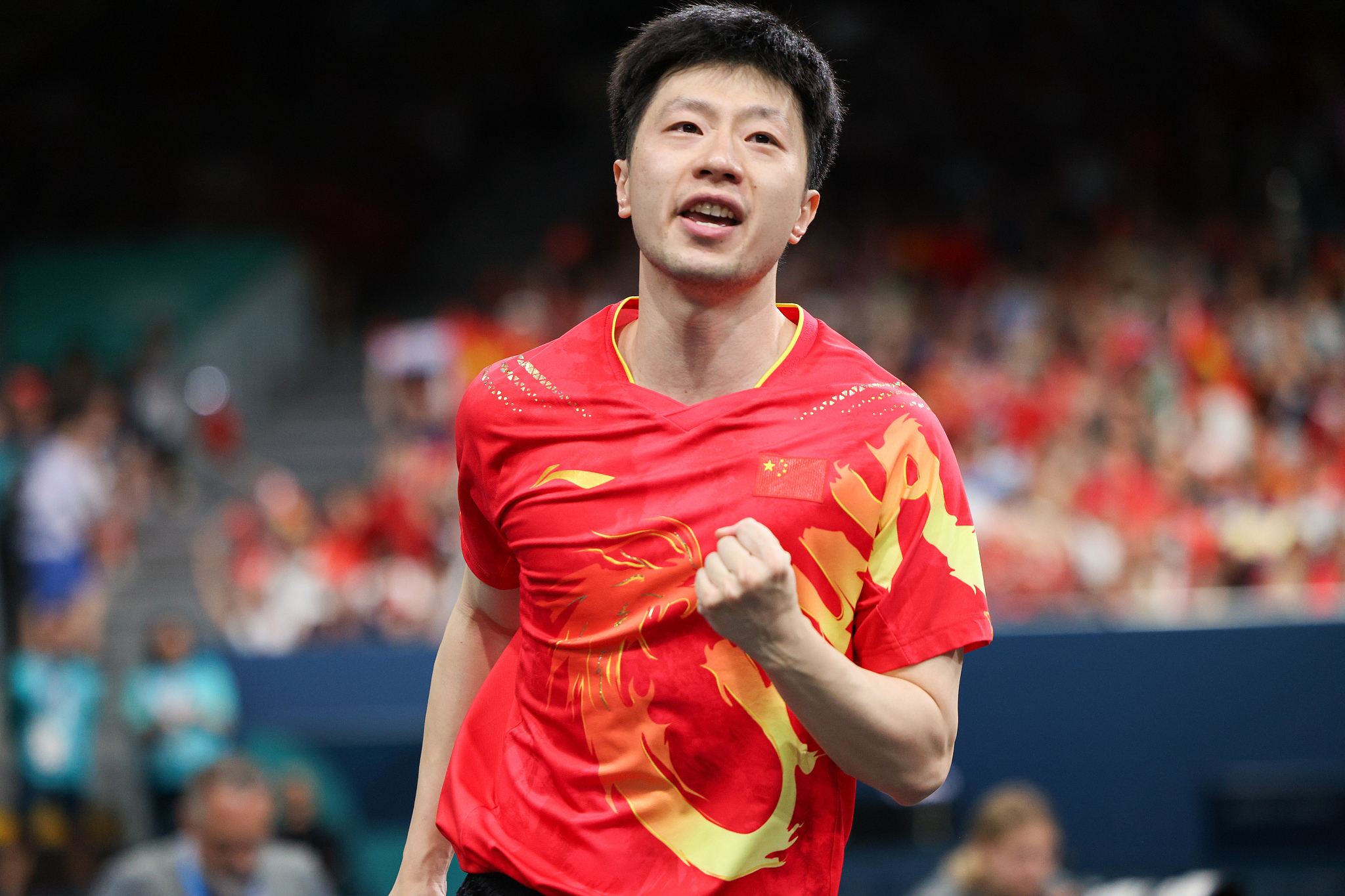 Ma Long of China reacts after scoring in the men's team table tennis final against Sweden at the 2024 Summer Olympics in Paris, France, August 9, 2024. /CFP