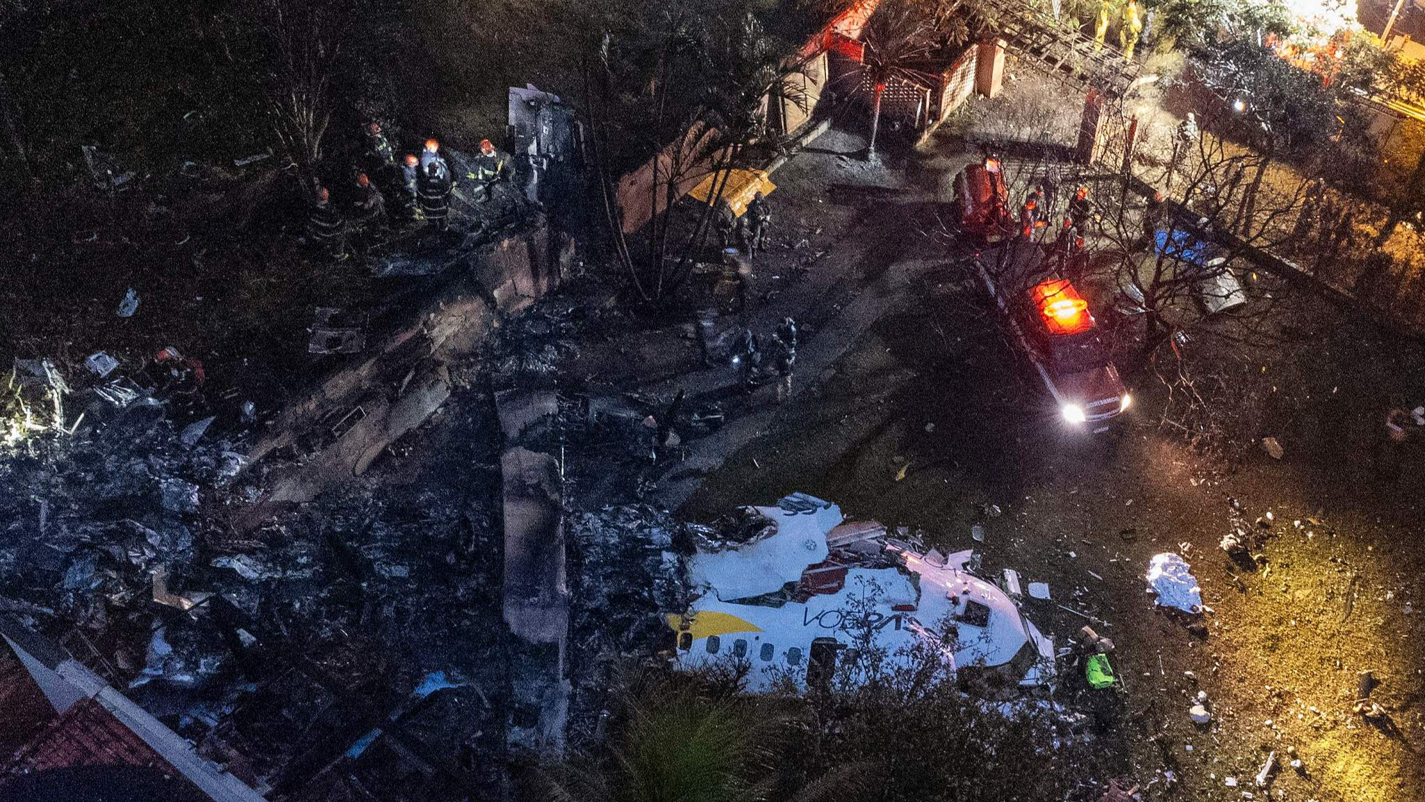 Aerial view of the wreckage of an airplane that crashed with 61 people on board in Vinhedo, Sao Paulo state, Brazil, August 9, 2024. /CFP