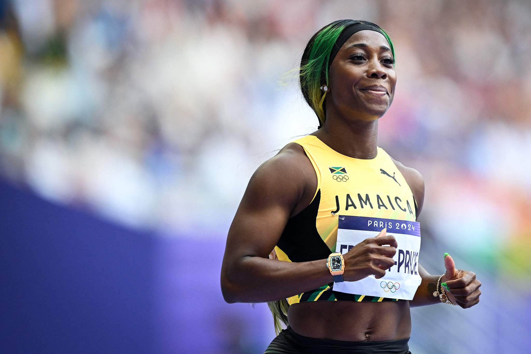 Shelly-Ann Fraser-Pryce of Jamaica competes in the women's 100-meter preliminaries at the 2024 Summer Olympics in Paris, France, August 2, 2024. /CFP