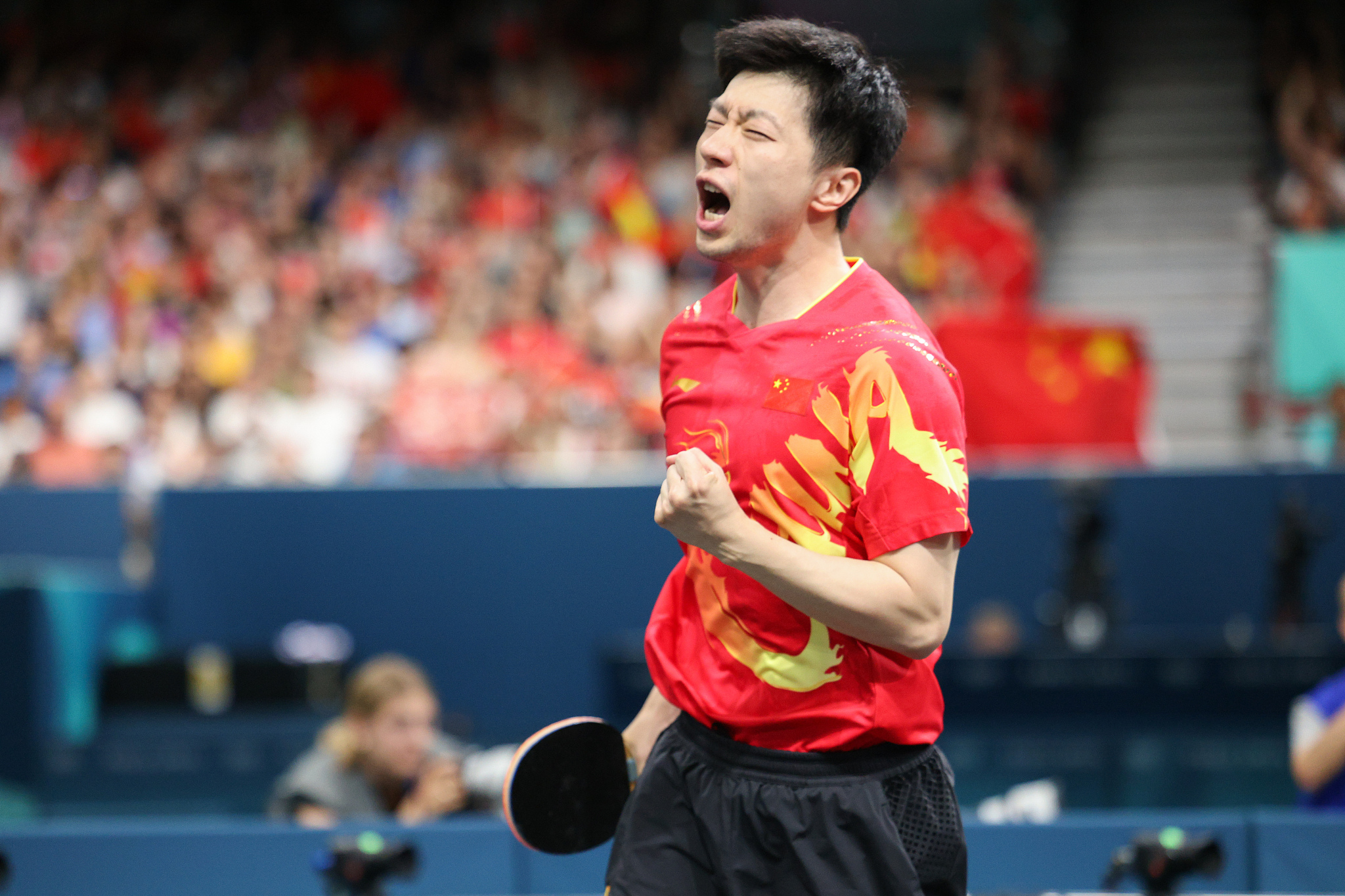 Ma Long of China competes in the men's team table tennis final against Sweden at the 2024 Summer Olympics in Paris, France, August 9, 2024. /CFP