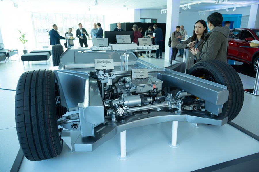 The chassis of a BYD electric vehicle on display in Budapest, Hungary, October 17, 2023. /Xinhua