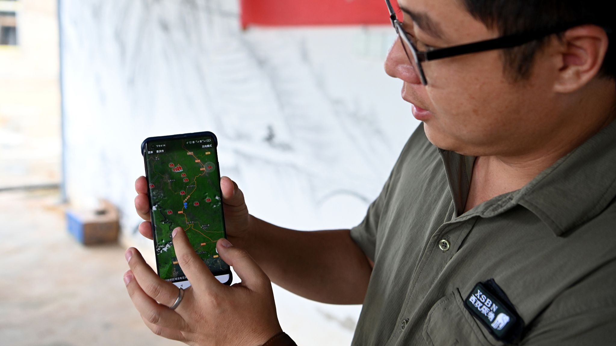 Seorang staf Cagar Alam Nasional menunjukkan aplikasi telepon pintar yang digunakan untuk memantau dan mengirimkan peringatan tentang gajah Asia di Prefektur Otonomi Xishuangbanna Dai di Provinsi Yunnan, Tiongkok barat daya, 27 Juli 2022. /CFP