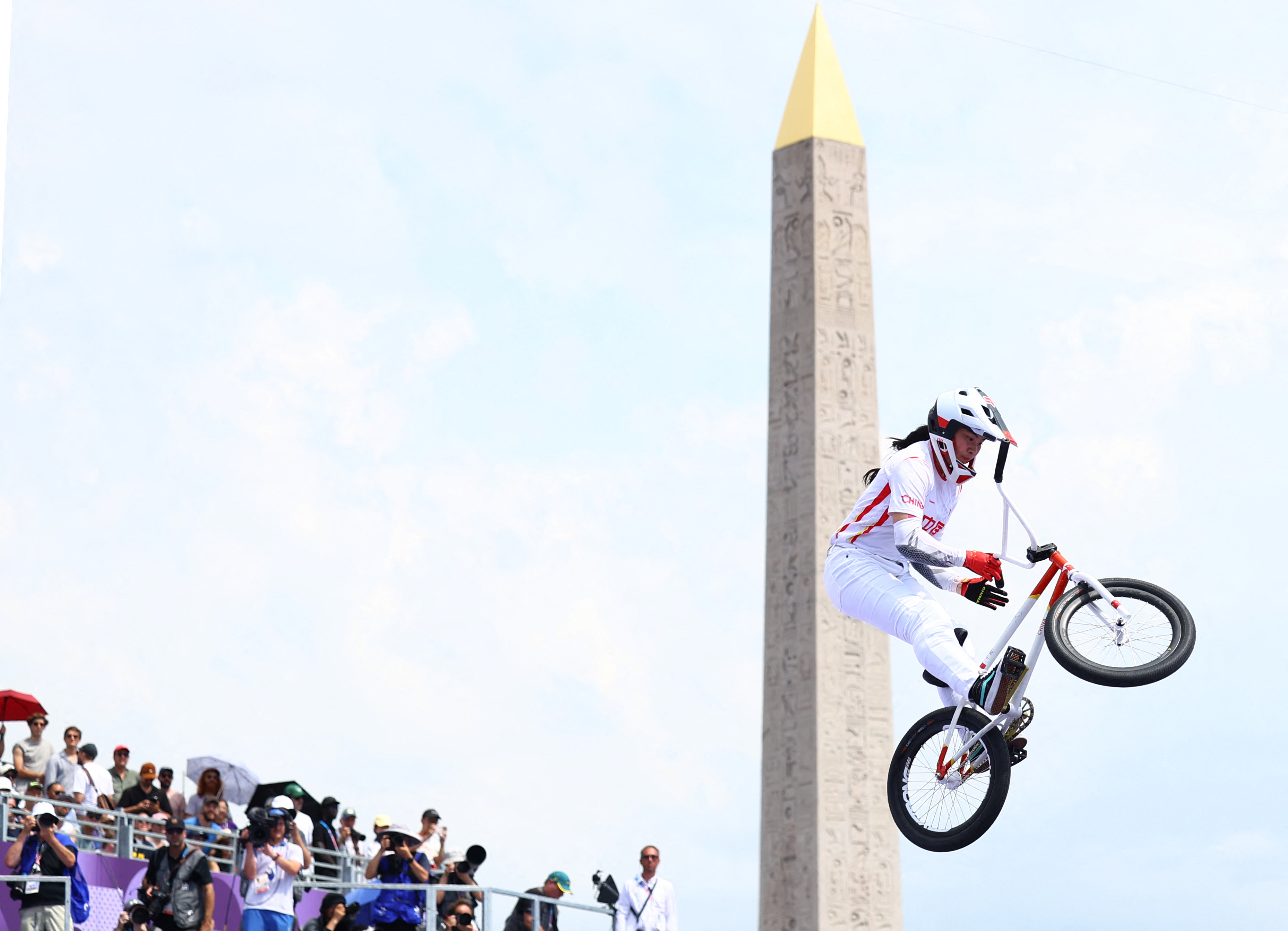 Deng Yawen dominates the women's BMX freestyle park event at Paris 2024, topping the leaderboard with the highest scores of the competition in both her turns, July 31, 2024. /IC