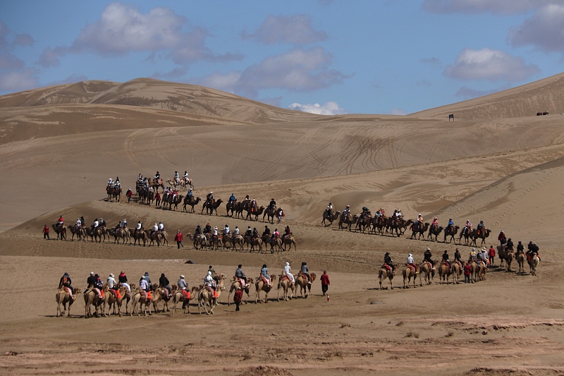 Visitors enjoy the beautiful views of the Mingsha Mountain and Crescent Spring scenic spot in Dunhuang City, Gansu Province, August 9, 2024. /CFP