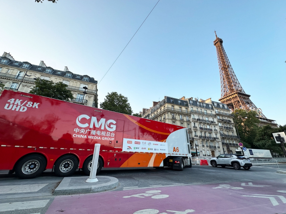 CMG's 8K UHD live broadcast van past Eiffel Tower in Paris, France. /CMG