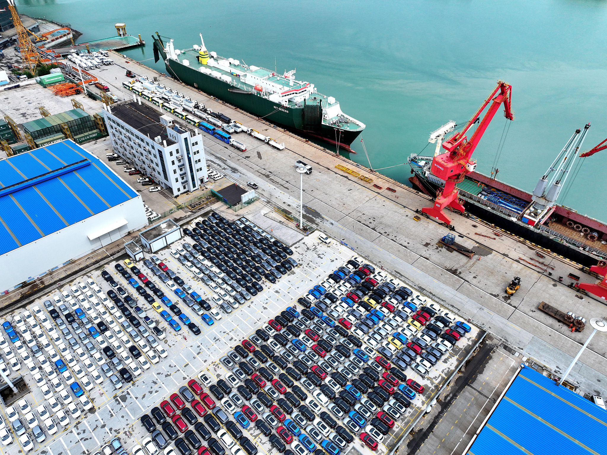 Electric vehicles waiting to be exported at a dock in Jiangsu Province, China, July 19, 2024. /CFP