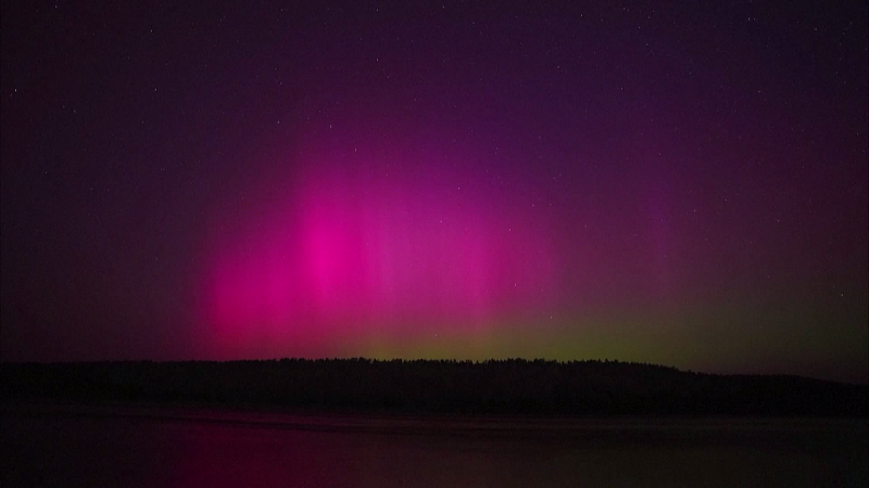 The aurora borealis and a meteor shower appear in the skies over China's northernmost city of Mohe in Heilongjiang Province, August 12, 2024. /CFP