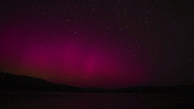 The aurora borealis and a meteor shower appear in the skies over China's northernmost city of Mohe in Heilongjiang Province, August 12, 2024. /CFP