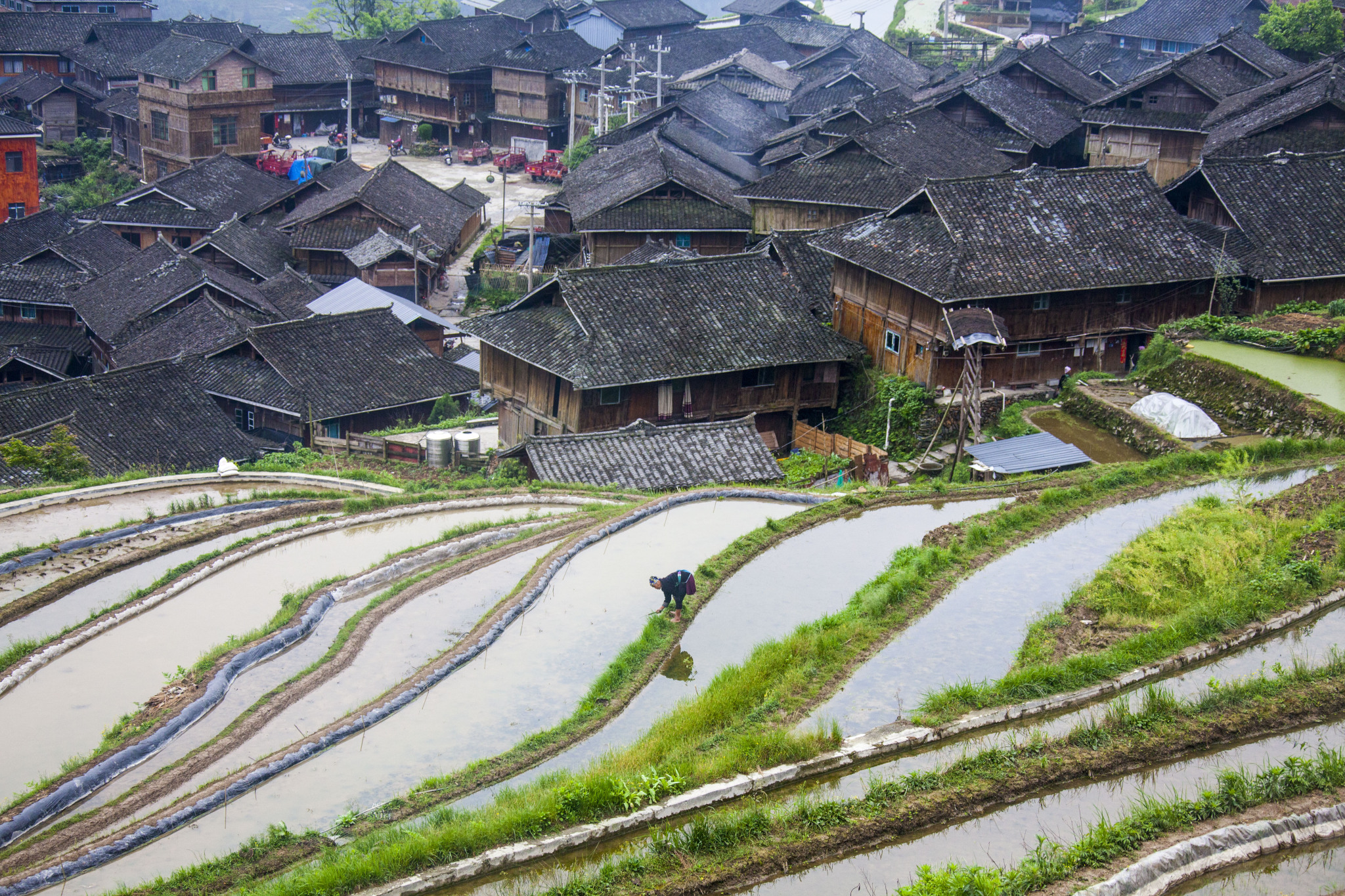 An aerial photo shows Jiaju Village in spring in Guizhou Province. /CFP