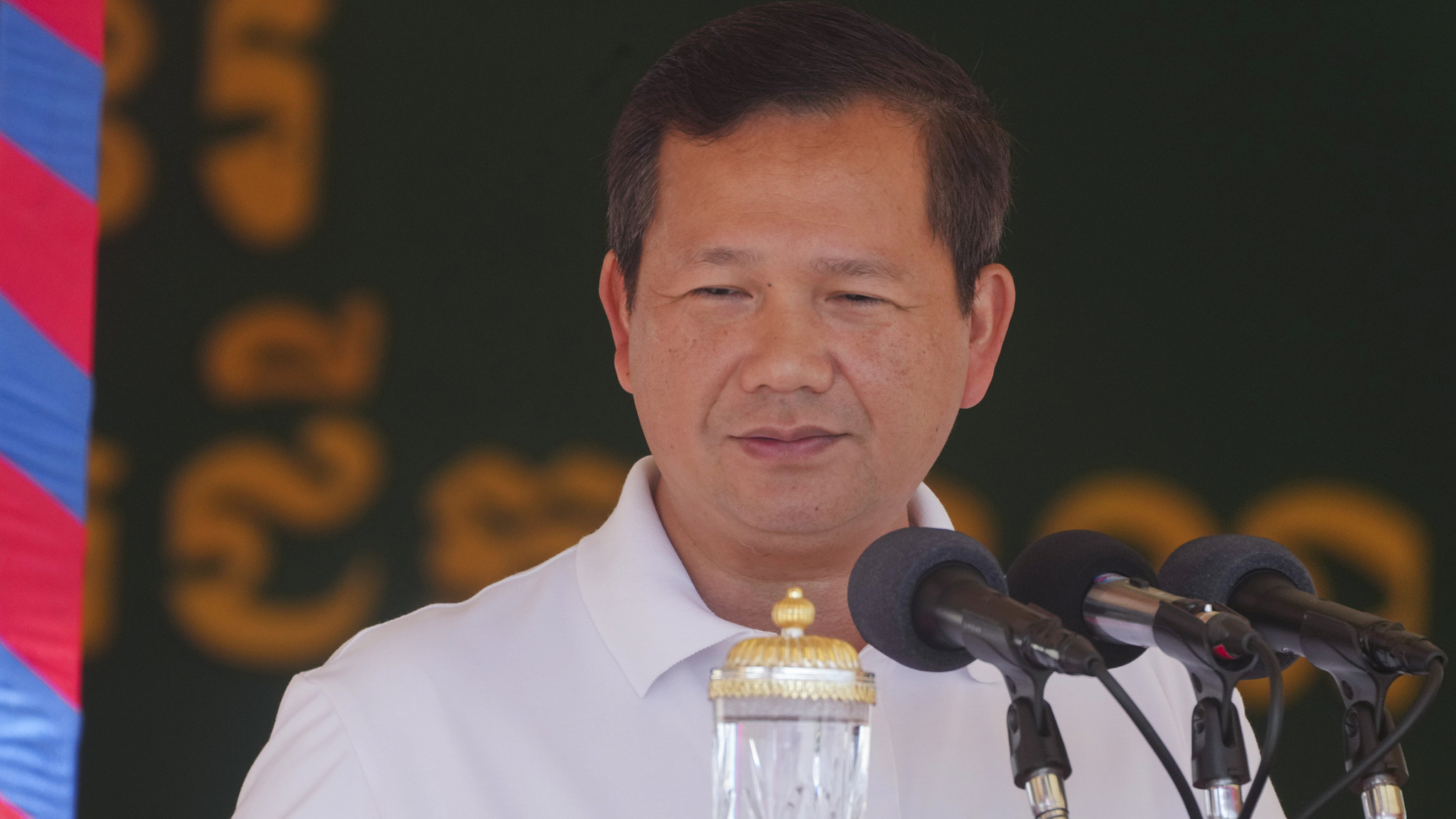 Cambodian Prime Minister Hun Manet delivers a speech, Prek Takeo village, Kendal province, Cambodia, August 5, 2024. /CFP