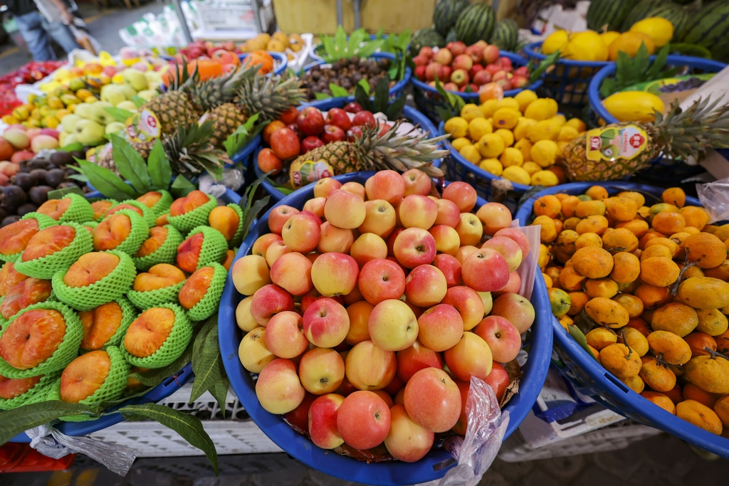 Colorful fruits are seen at a stall in a fruit market in Manzhouli, Inner Mongolia on August 15, 2024. /IC 