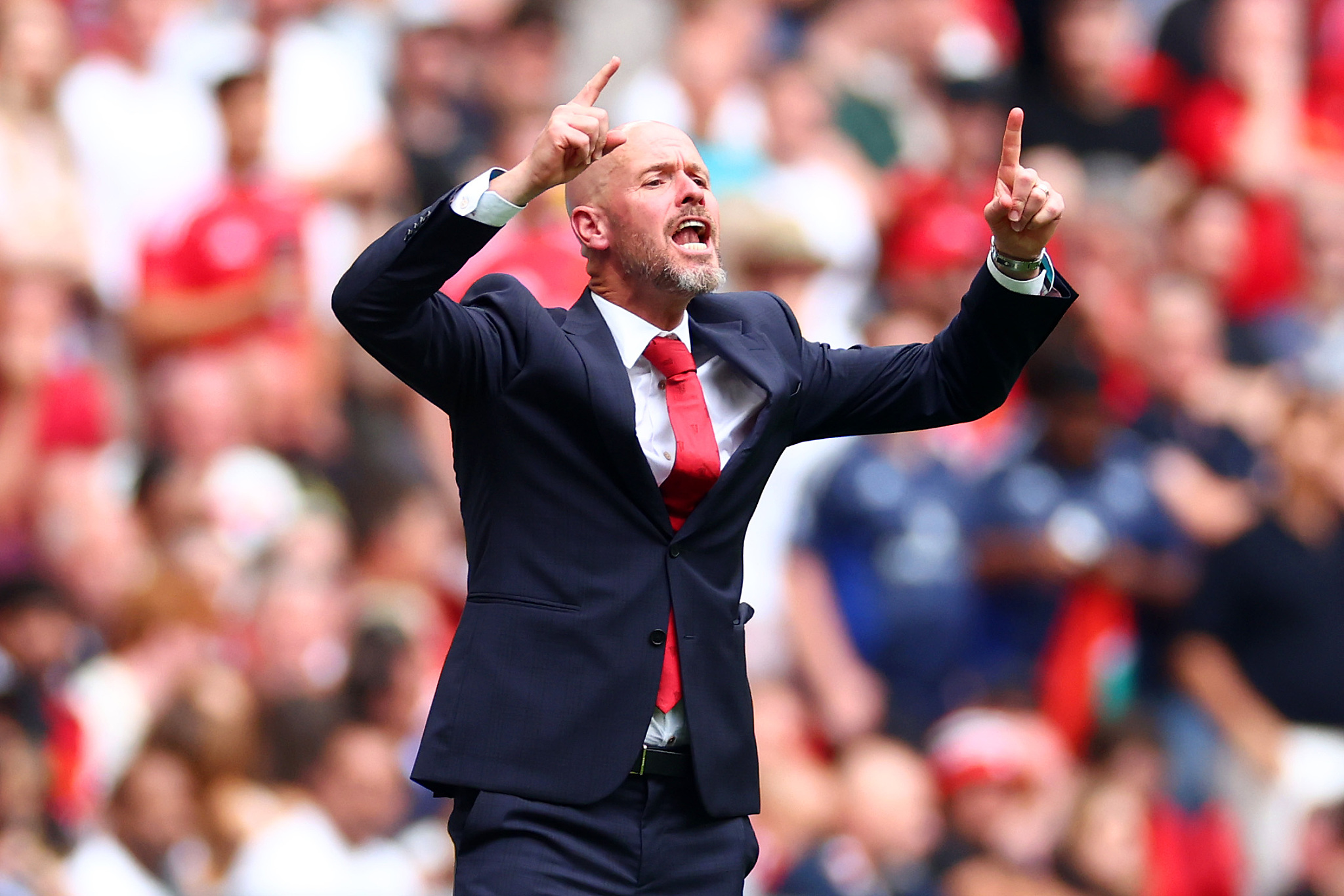 Erik ten Hag, manager of Manchester United, makes a gesture during the Community Cup game against Manchester City at Wembley Stadium in London, England, August 10, 2024. /CFP