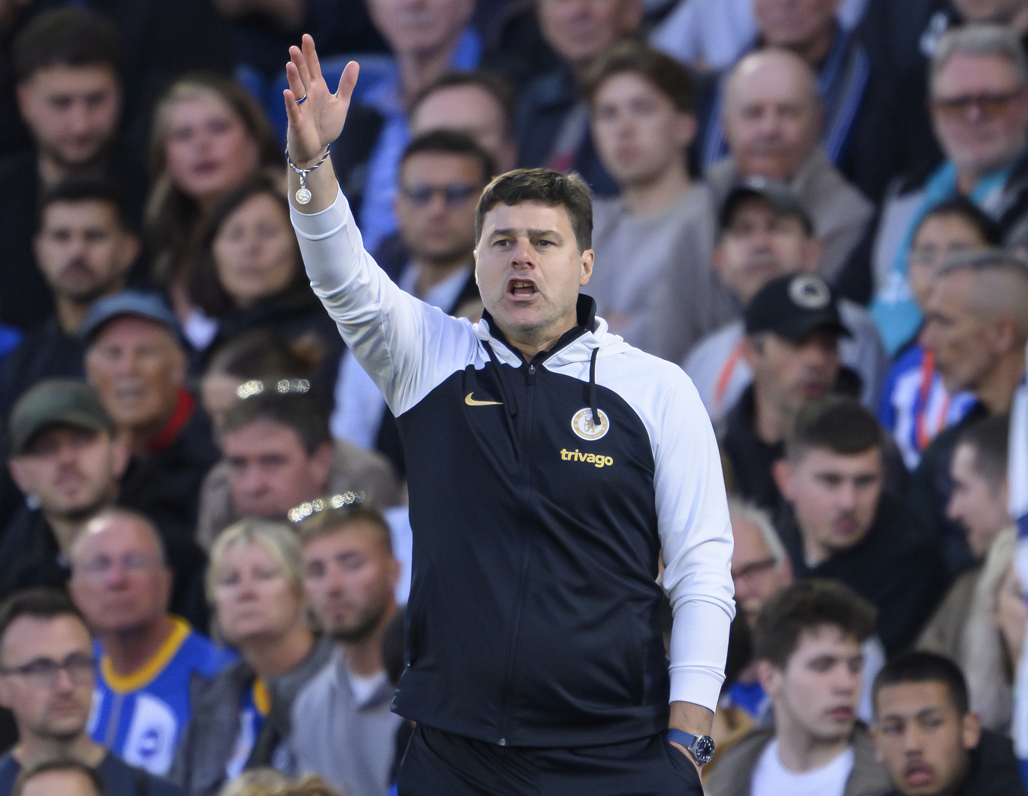 Mauricio Pochettino, manager of Chelsea, makes a gesture during the Premier League game against Bighton at American Express Community Stadium in Brighton, England, May 15, 2024. /CFP 