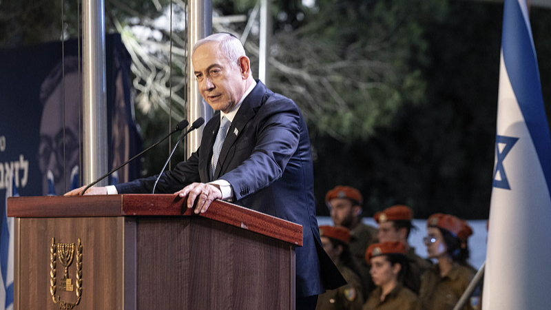 Israeli Prime Minister Benjamin Netanyahu speaks at the state memorial for Ze'ev Jabotinsky, at Mount Herzl Military Cemetery in Jerusalem, August 4, 2024. /CFP