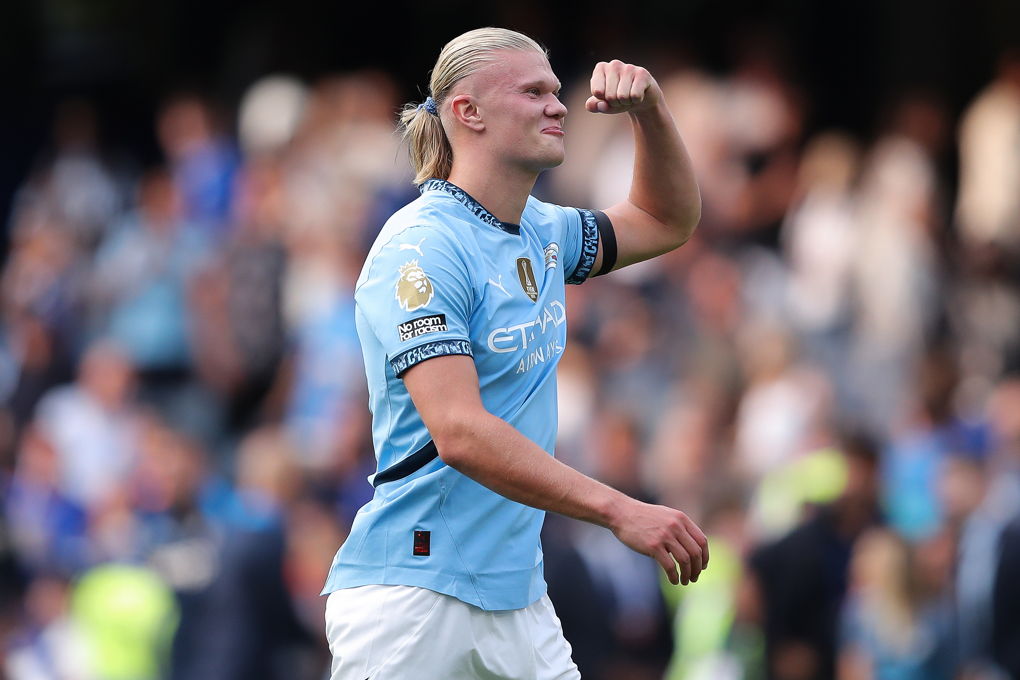 Erling Haaland of Manchester City celebrates after scoring a goal in a Premier League game against Chelsea at Stamford Bridge in London, England, August 18, 2024. /CFP