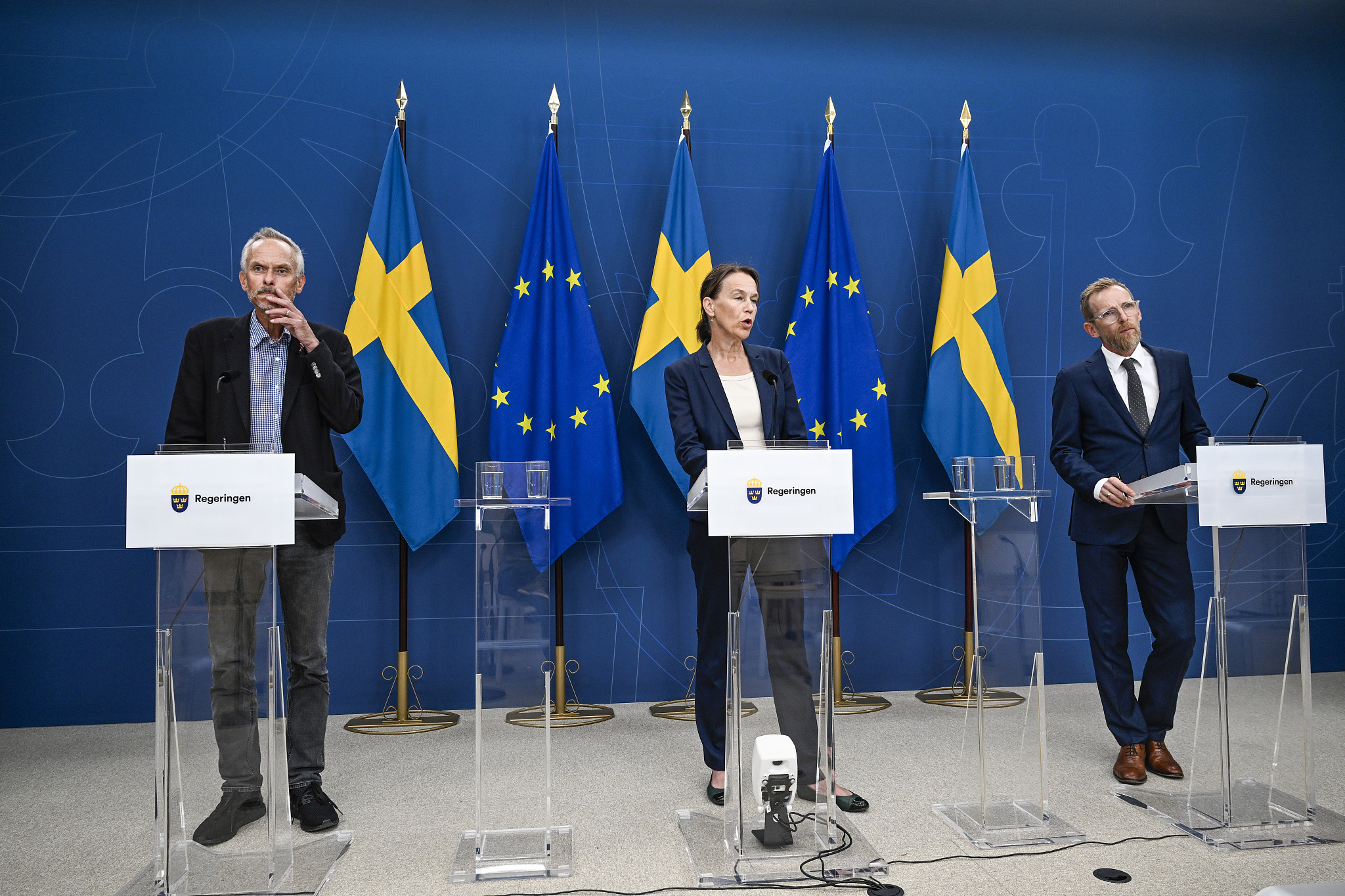 State epidemiologist Magnus Gisslén, from left, Olivia Wigzell, acting director general of the Public Health Agency and Social minister Jakob Forssmed give a press conference to inform about the situation regarding mpox, in Stockholm, Sweden, August 15, 2024. /CFP