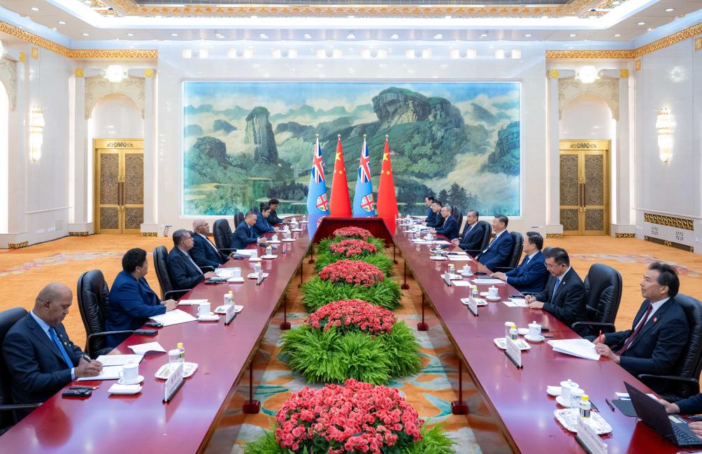 Chinese President Xi Jinping meets with Prime Minister of the Republic of Fiji Sitiveni Rabuka at the Great Hall of the People, Beijing, August 20, 2024. /Xinhua